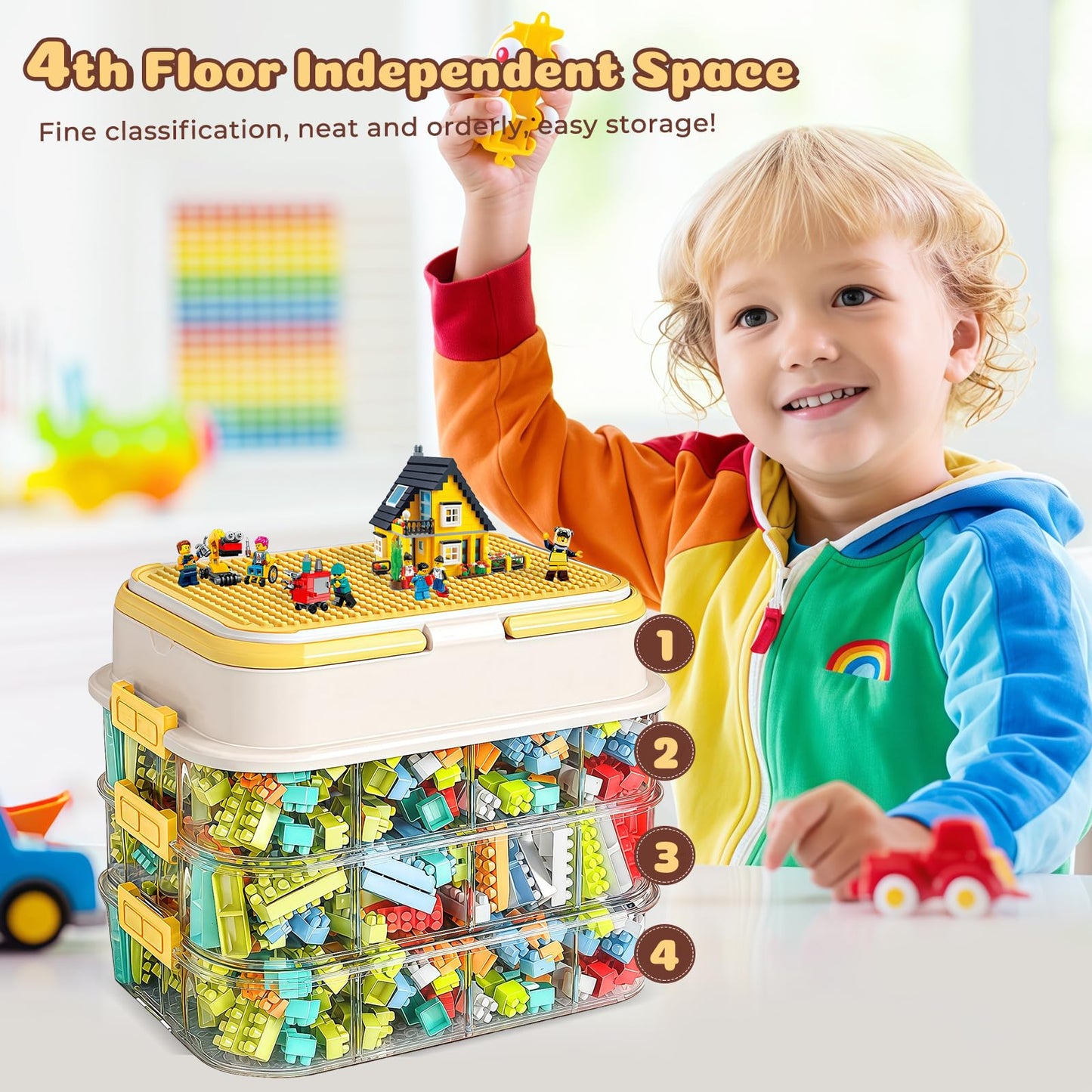 Focenat Stackable Brick Storage Box with Puzzle Compartments, 3 Tier Clear Plastic Container with Lids
