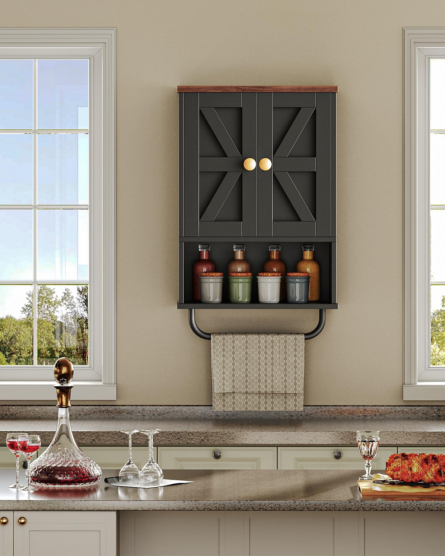 CHOEZON Bathroom Wall Cabinet, Medicine Cabinet with Open Partition and Towel Bar, Rustic Storage Cabinet with Open and Hidden Storage Space