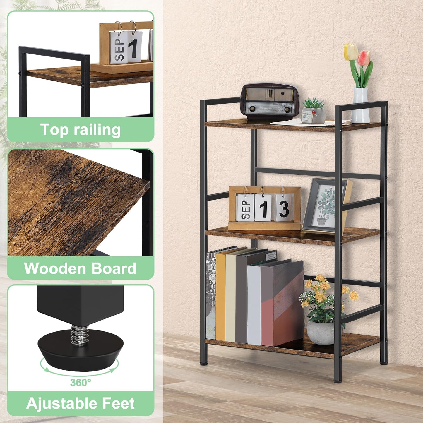 CADUKE 3 Tier Bookshelf, Industrial Style Storage Rack