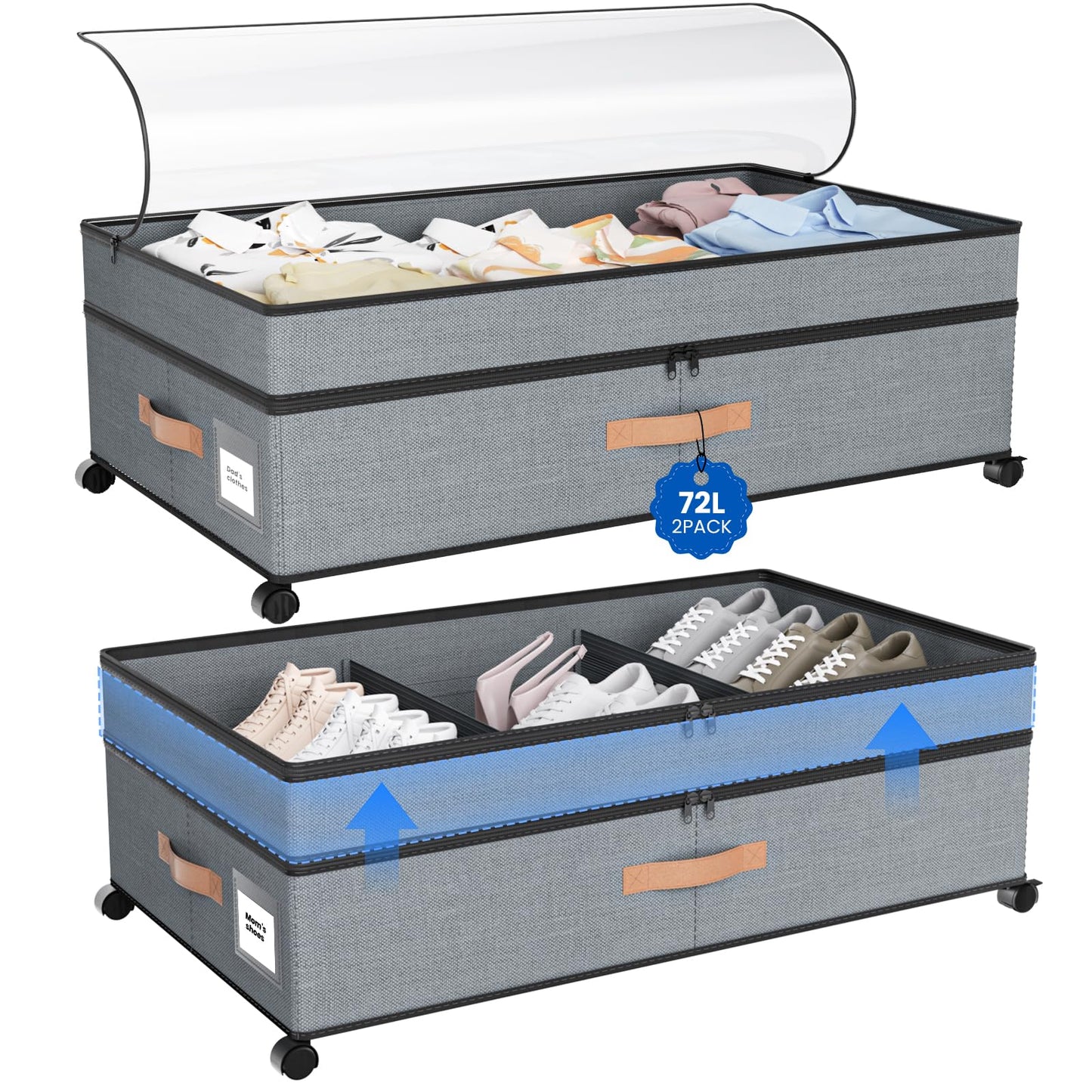KLINTOS Under Bed Storage on Wheels – 2 Pack 72L XXL Underbed Storage Drawers, Adjustable 10in High Closet Organizers with Lid