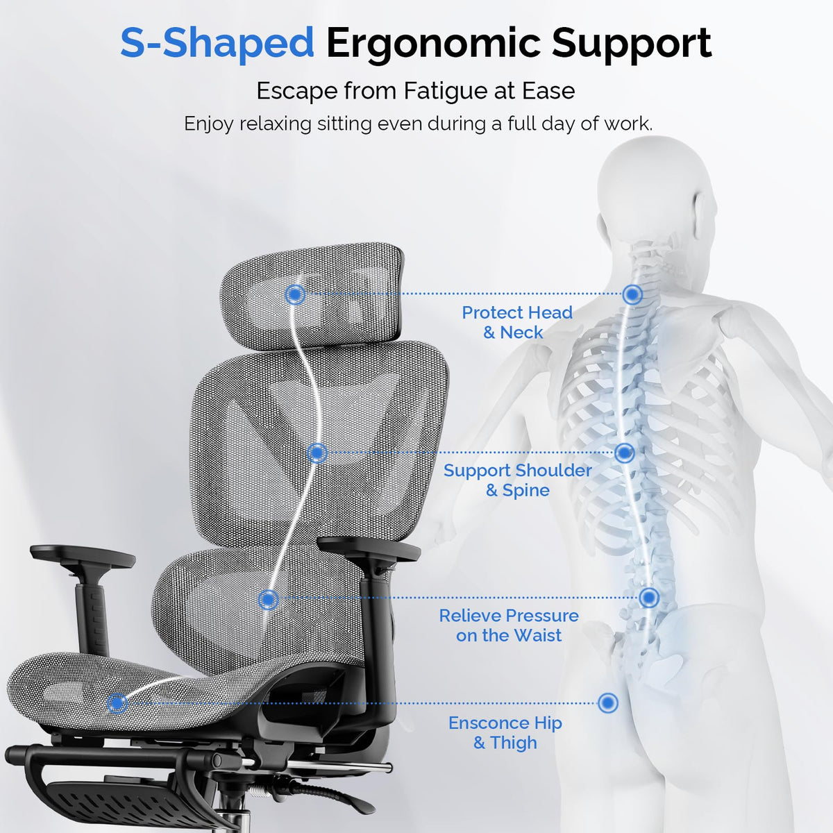 Ergonomic Office Chair, Mesh Desk Chair with Footrest, 90-135° Recline Home Chairs with Dynamic Lumber Support, 4D PU Armrest & Adjustable Headrest