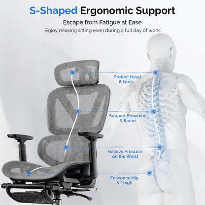 Ergonomic Office Chair, Mesh Desk Chair with Footrest, 90-135° Recline Home Chairs with Dynamic Lumber Support, 4D PU Armrest & Adjustable Headrest