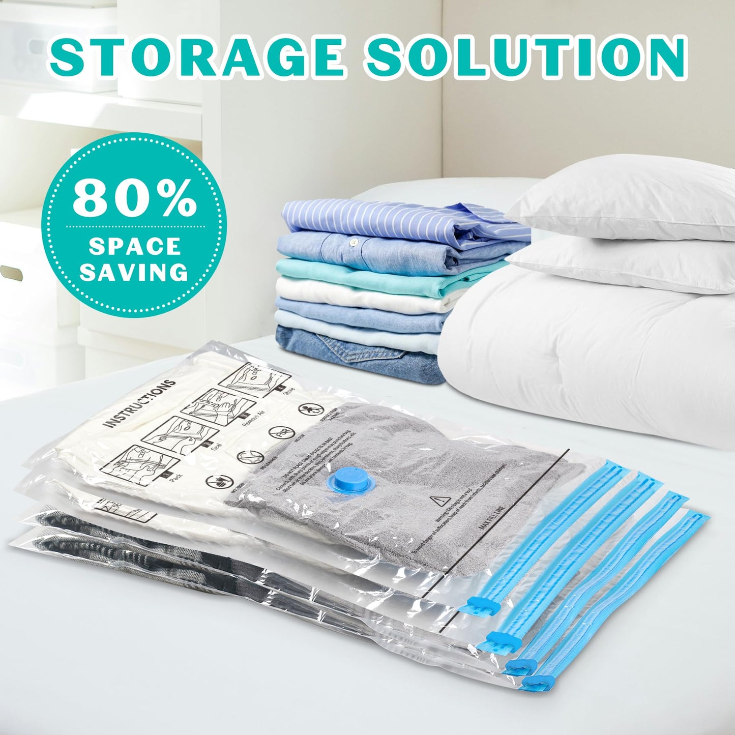 ZOESTORAGE Vacuum Storage Bags,12 Pack Vacuum Bags with Travel Hand Pump,Vacuum Pack Bags for Clothes,Blankets,Comforters,Pillows,Clothes Storage