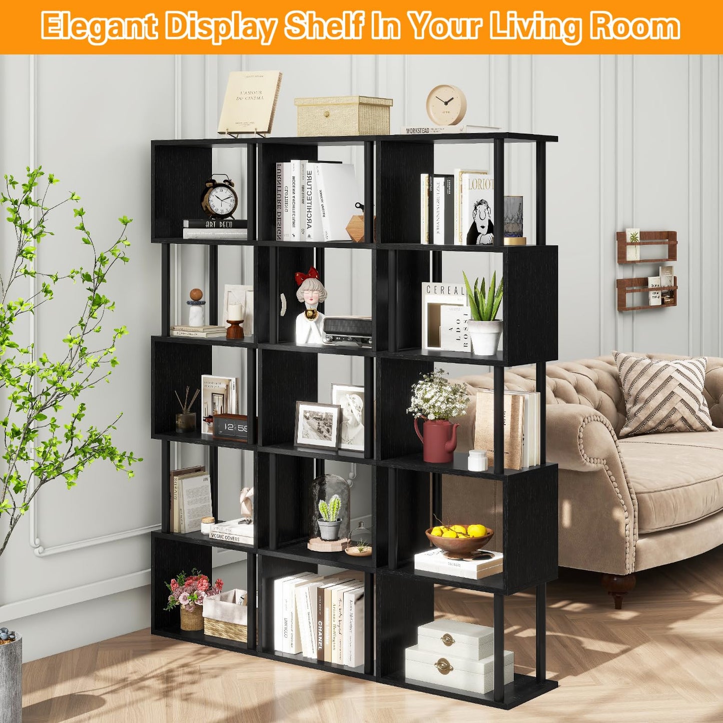 IBUYKE 6-Tier Tall Bookshelf,S-Shaped Geometric Bookcase,Black WBC016B