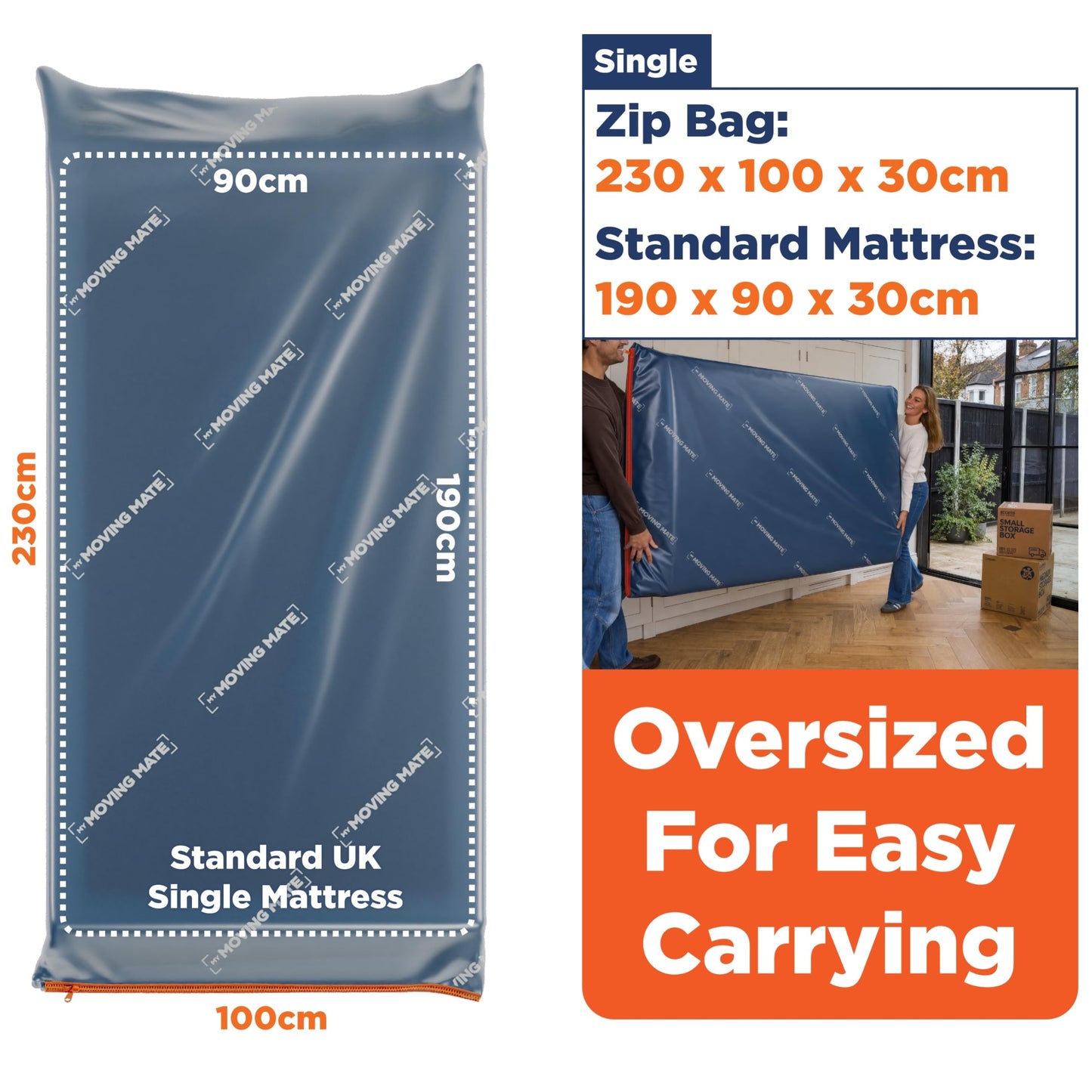 Single Mattress Storage Bag with Zip for Moving House, Heavy Duty, 3ft