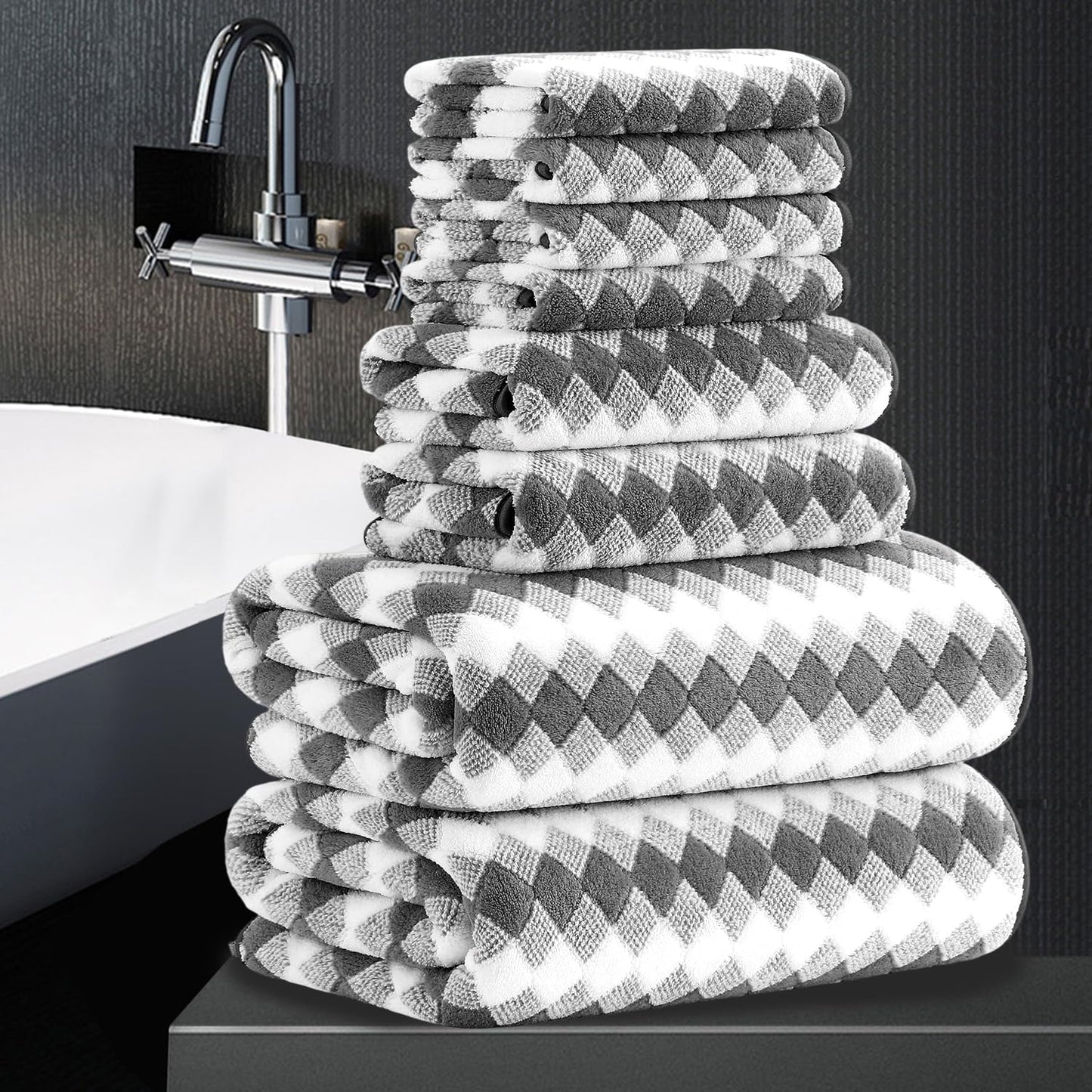 8 Piece Bathroom Towel Set Dark Grey|2 Oversized Large Bath Towels Sheet,2 Hand Towels,4 Washcloths| 600GSM Soft Premium Towel Set for Bathroom