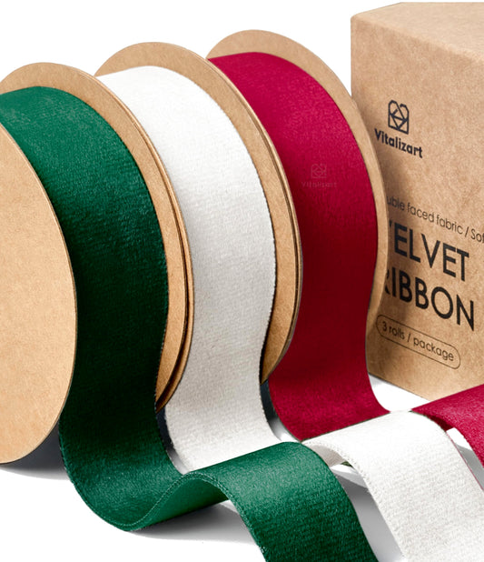 Vitalizart Christmas Velvet Ribbon Set 1 Inch x 15 Yards Burgundy & Cream & Dark Green, Double Faced Velvet Ribbon for Gift Wrapping, Ornaments,