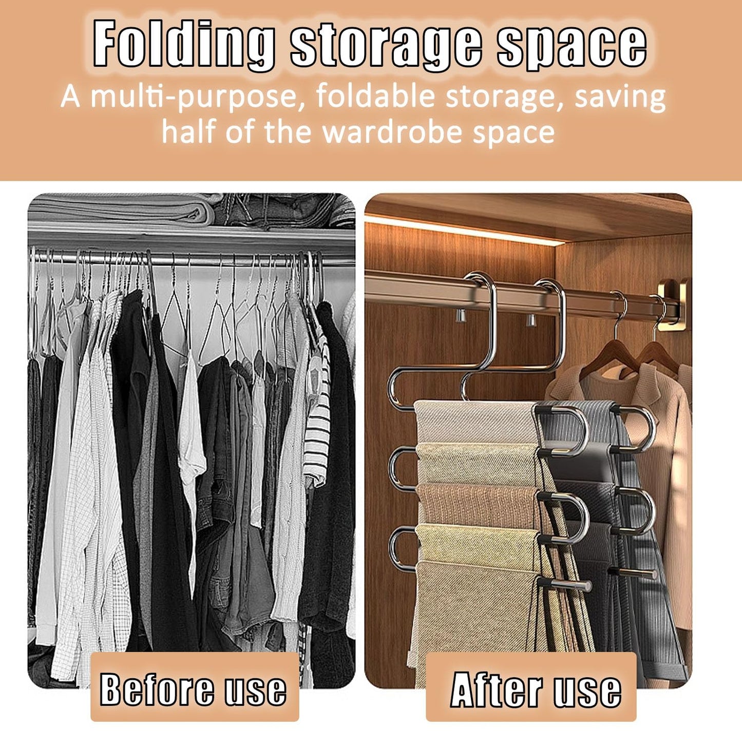 Trouser Hangers Space Saving, 3 Pcs Stainless Steel Hangers for Clothes Space Savers, Multi-Layer Pants Hanger for Closet Organizers and Storage