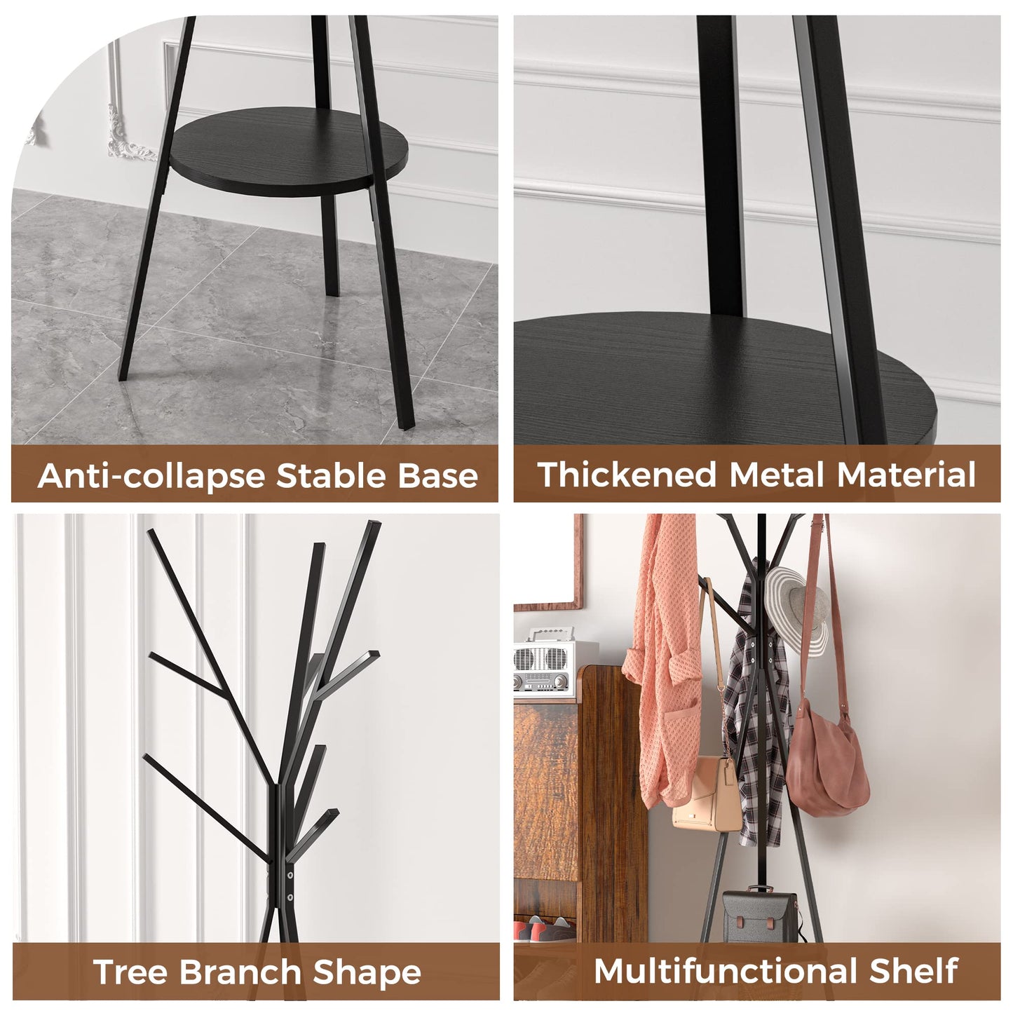 HOME BI Coat Rack Stand, Entryway Standing Coat Tree,Hat Stand Coat Hanger with 9 Hooks for Holding Jacket, Handbag, Clothes, Hats, and Scarves, Black