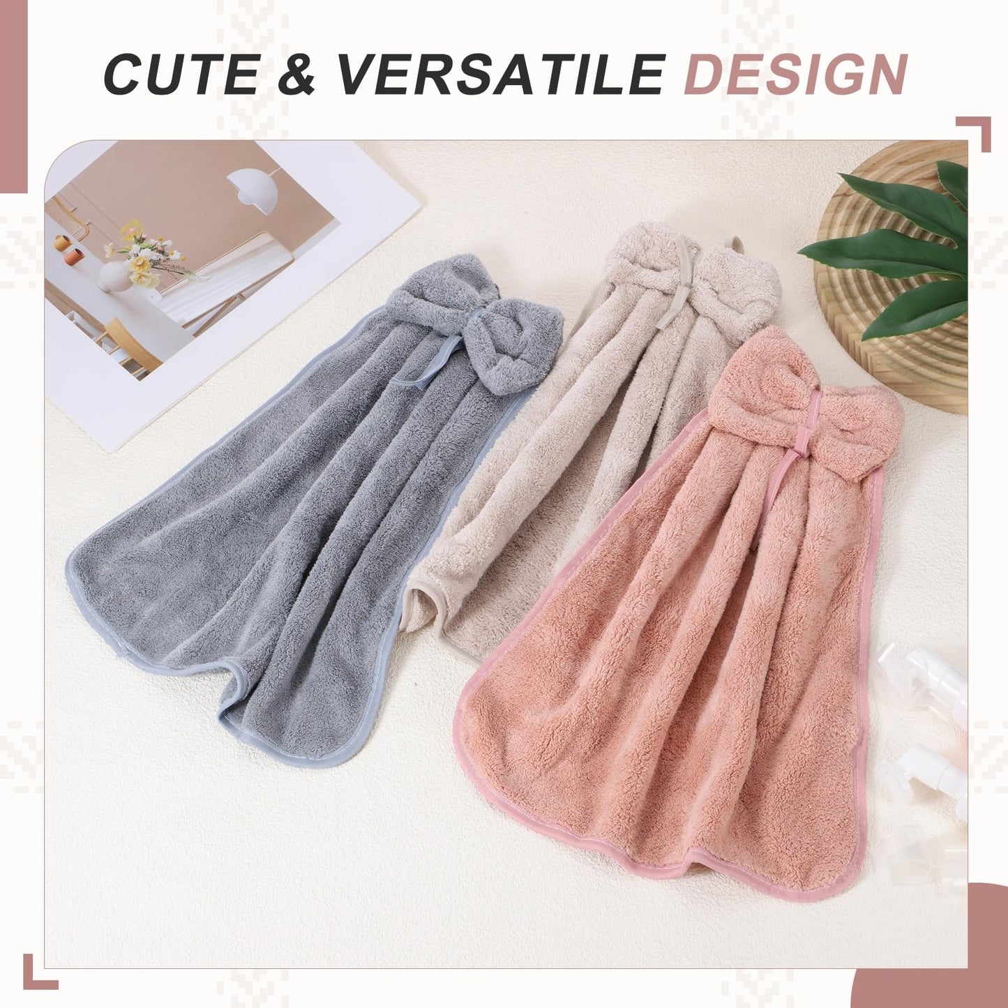 sourcing map 2Pcs Bow Hand Towels with Hanging Loop, 14.2" x 12.2" Soft Coral Fleece Microfiber Bowknot Hanging Hand Dry Towels Quick Dry and