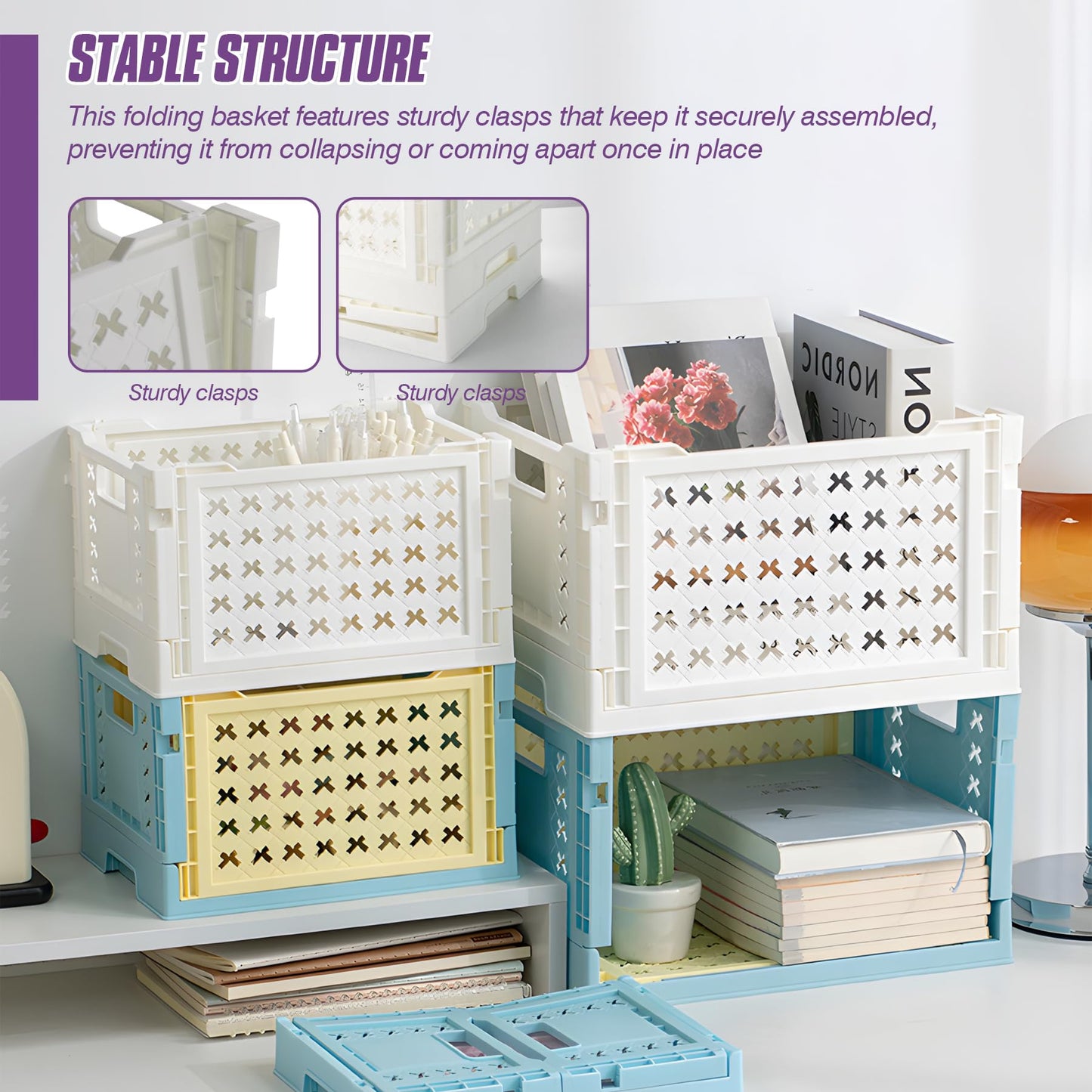 Spesh 2 Pcs Collapsible Crates Storage Boxes Plastic Foldable Crates Stackable Folding Storage Baskets for Home Kitchen Office(White, 30x22x18cm)