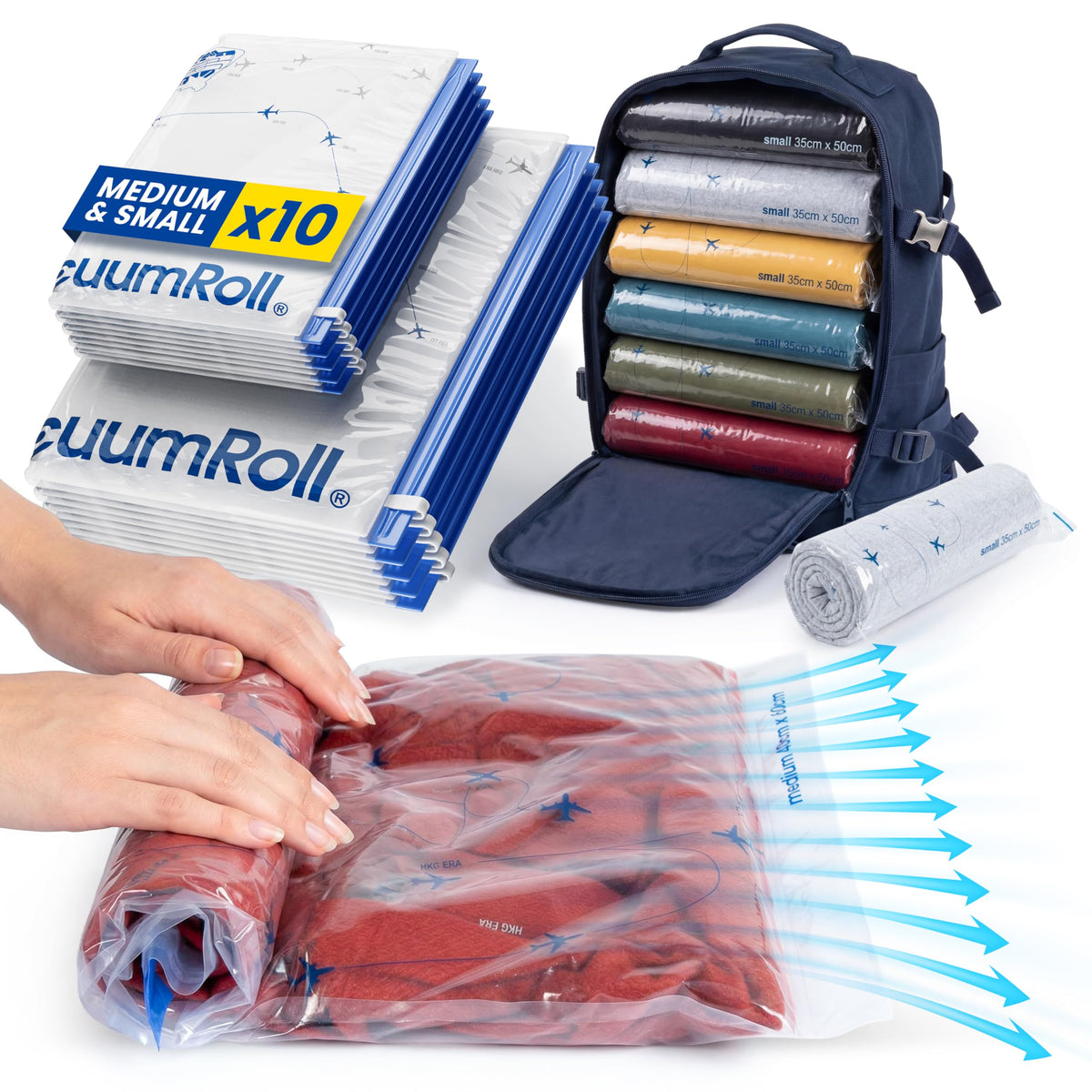 myHodo Vacuum Compression Bags for Rolling 10 Pieces - Reusable Storage Solution, Versatile Travel Bags for Suitcase & Backpack, Durable & Hygienic