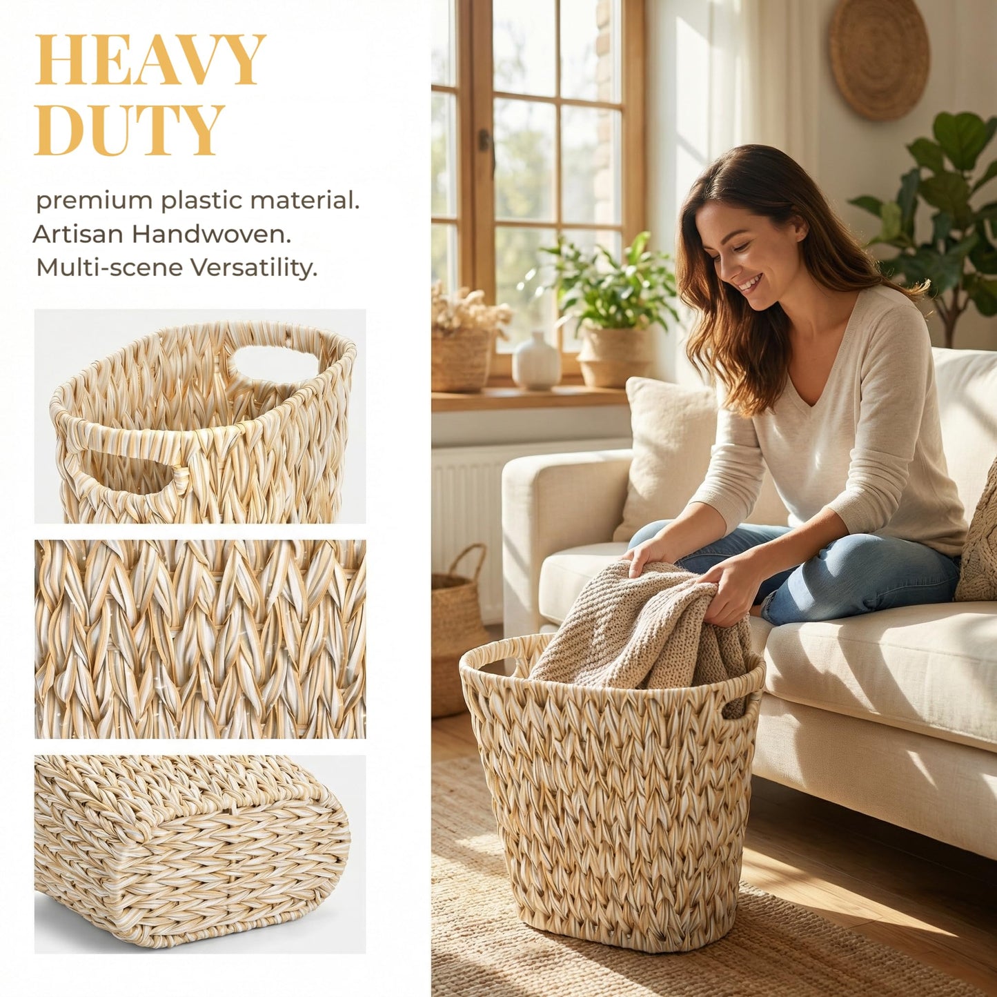 Pumtus Wicker Waste Bin, Plastic Woven Trash Basket with Built-in Handles, Bathroom Garbage Storage Can, Boho Rubbish Container for Bedroom, Bathroom