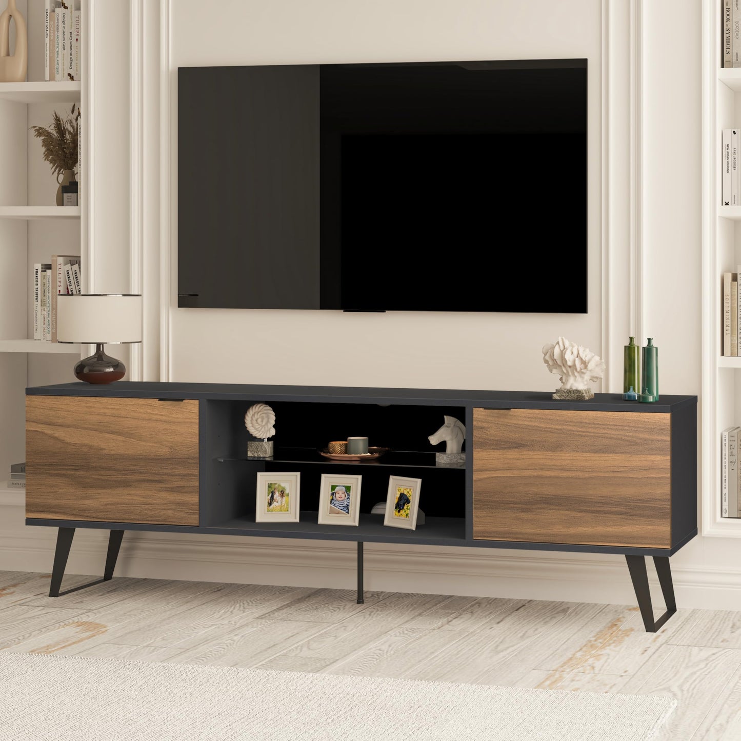 Uniqtrio TV Stand Cabinet | Walnut TV Unit with Glass Shelf | TV Cabinet | TV Stand Unit | TV Units for Living Room | TV Table |Soft Closing Hinges