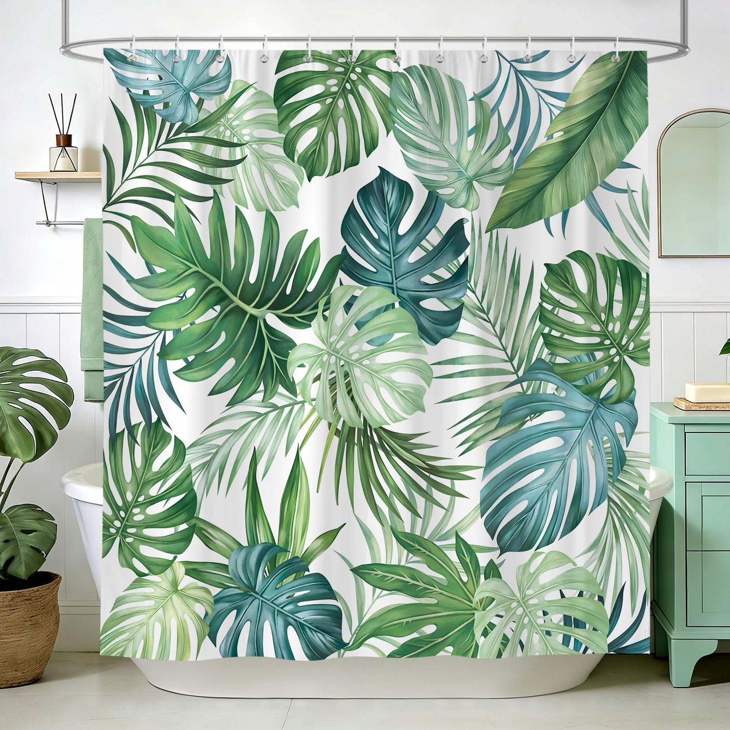hometrixx Summer Jungle White Green Palm Tree Leaf Shower Curtain 72X72In