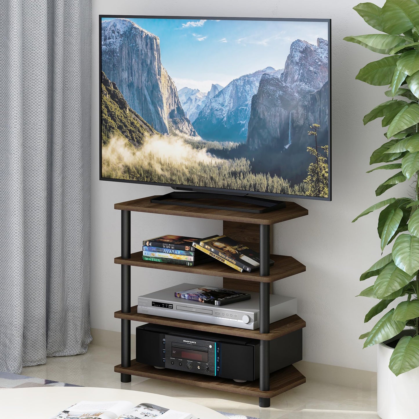 Furinno ECON TV Stand, 4-Tier Petite Entertainment Center, TV Console for TV up to 32 Inch, Easy Assembly, for Living Room, Bedroom, Columbia Walnut