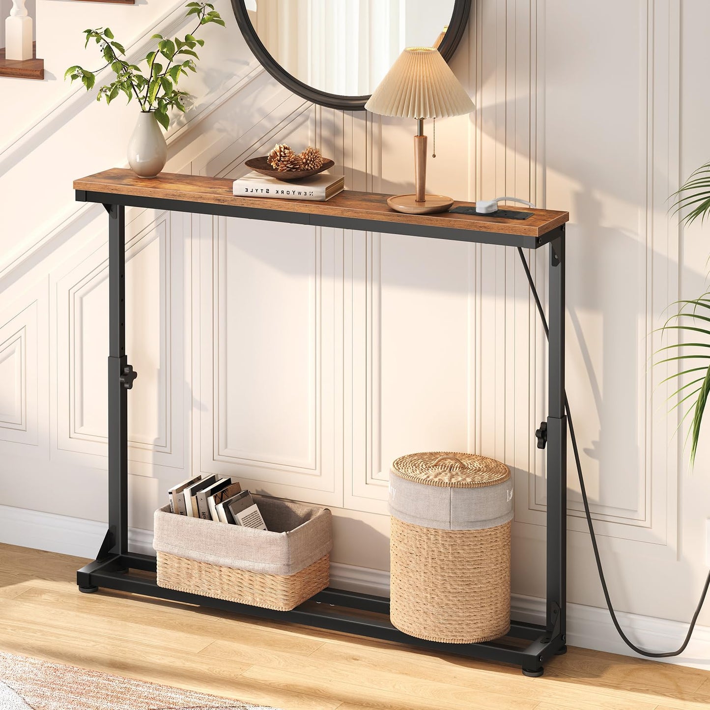 HOOBRO Slim Console Table with Adjustable Height (63.5-83.5 cm), Behind Sofe Table with Charging Station, 100 cm Narrow Console Table for Hallway