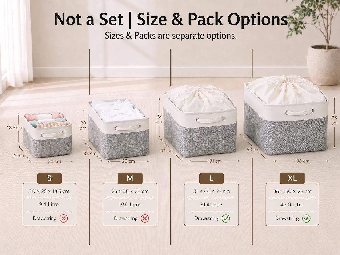 Mangata Set of 3 Fabric Storage Baskets, Grey White M
