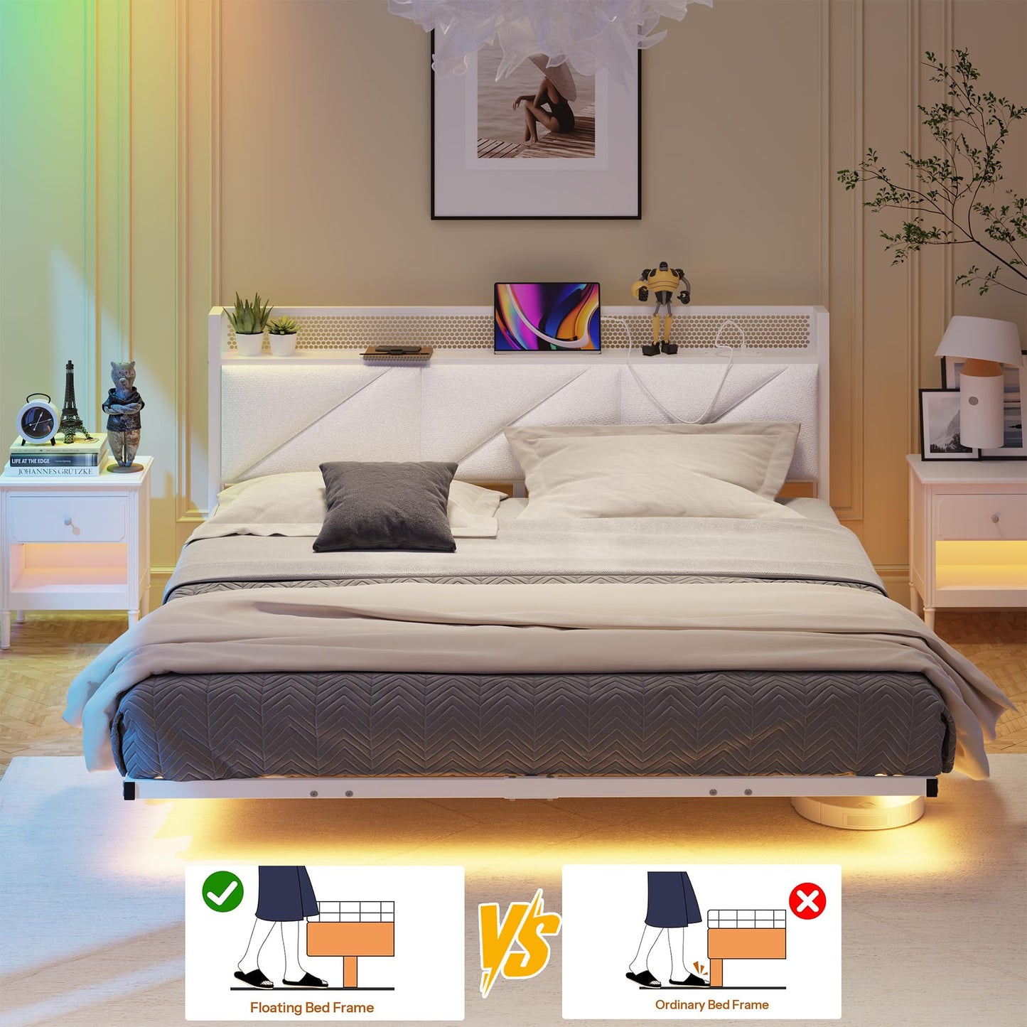 HAHRIR King Bed Frame with Floating Upholstered Storage Headboard, White