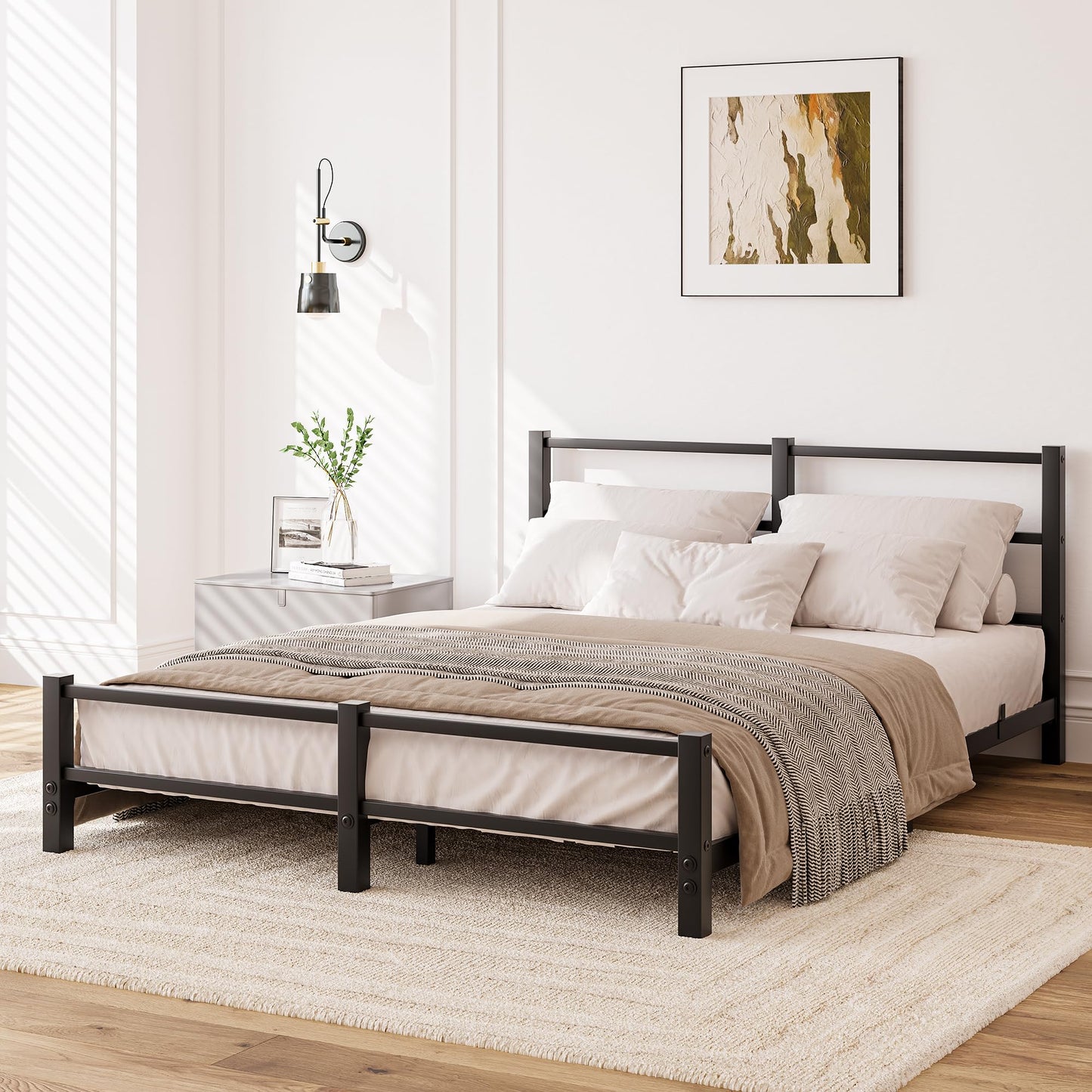 HAHRIR 16cm Low Profile 5ft King Bed Frame with Metal Headboard, Black
