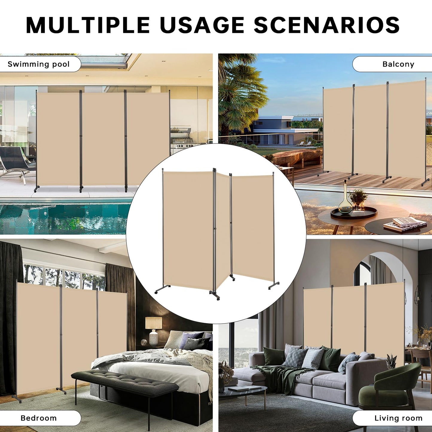 Angel Living 3 Panels Folding Room Divider, Privacy Screen Composed of Polyester Fabric and Sturdy Iron Frame