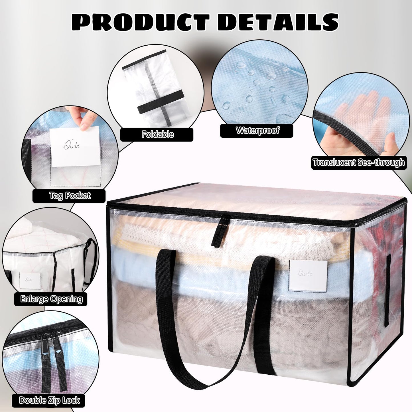Dntorx 6 Pack Large Clothes Storage Bags with Lids Transparent Moving Bags Heavy Duty Moving Totes for Clothes Bedding Duvet Toys Storage