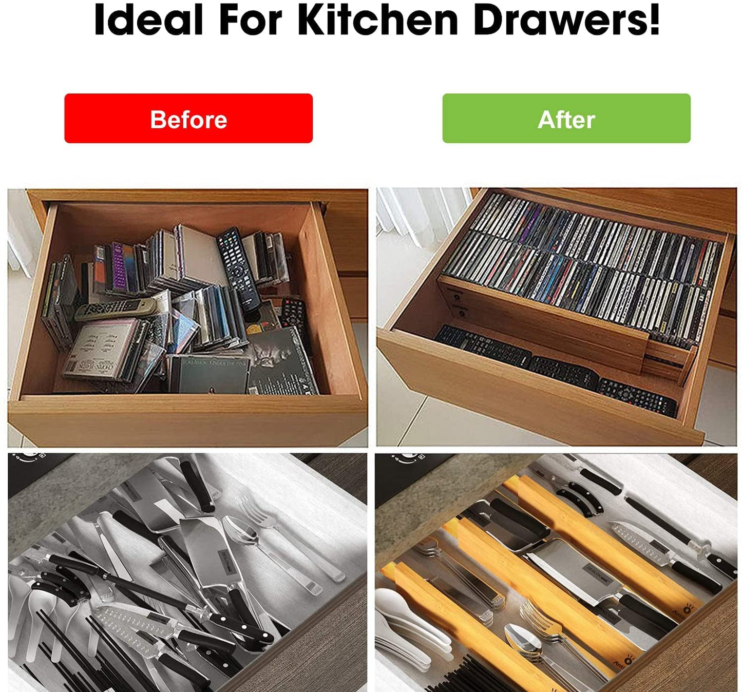ANTOWIN 10Pcs Bamboo Drawer Dividers, Expandable Drawer Separators Splitter, 43-56 CM Long Adjustable Spring Loaded Organizer for Large Utensil