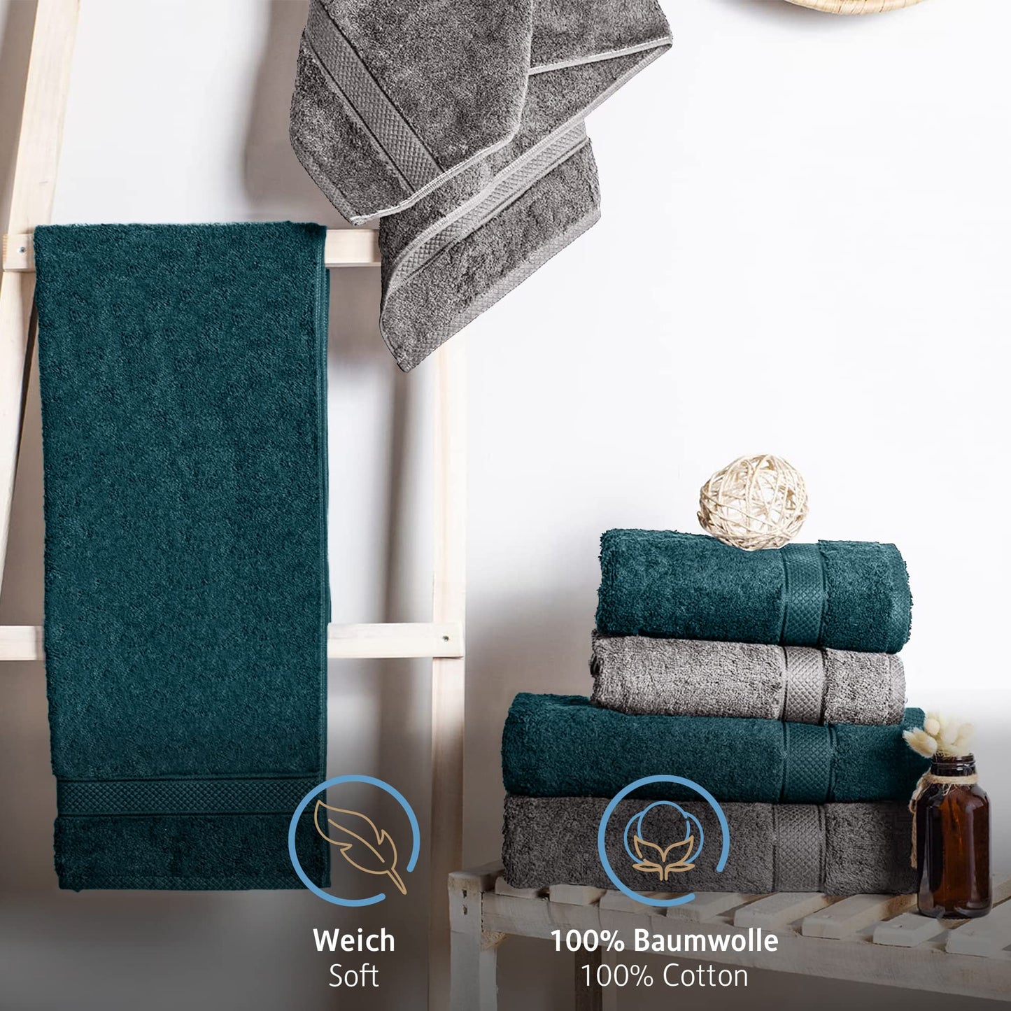 Komfortec Set of 4 Hand Towels 50 x 100 cm 100% Cotton Terry Towelling Soft Anthracite Grey/Petrol
