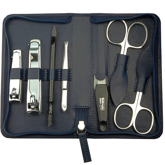Manicure Set 7-Piece - Zipper Case with Stainless Steel & Carbon Steel Instruments - Manicure and Pedicure Set - Nappa Lambskin Case (Navy Blue)