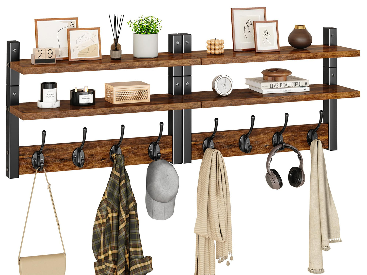 YMYNY 2-Tier Coat Hooks Wall Mounted with Shelf, Rustic Brown HWS009H-2