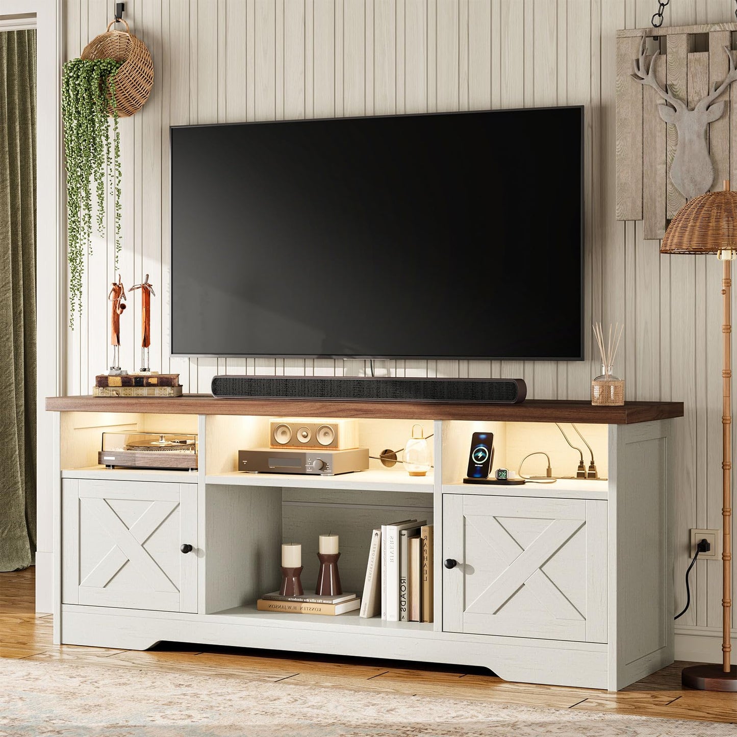 Coleshome White TV Unit, TV Stand Cabinet with Sockets, USB and LED