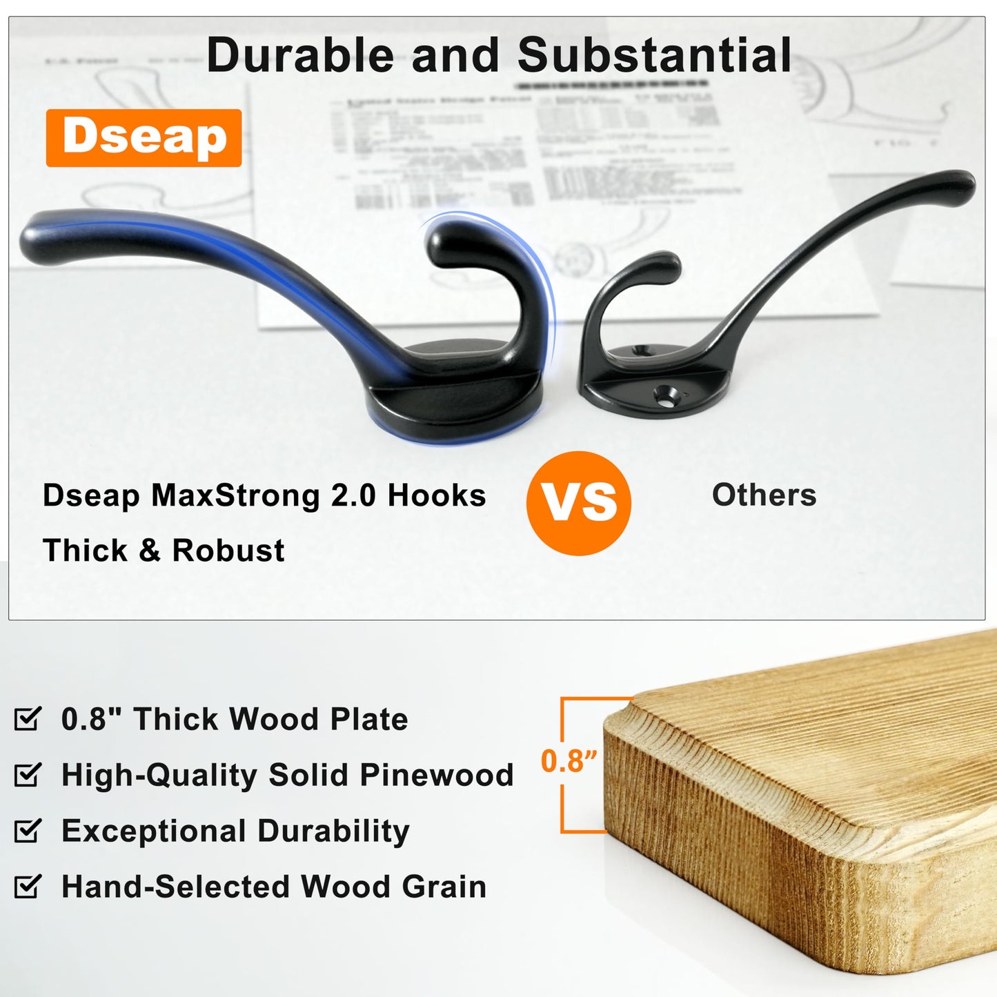 Dseap Coat Rack Wall: 60cm Long, Patented, Heavy-Duty, 6-Double-Hooks Wooden Wall Mounted Coat Rack Coat Hanger Hook Rail for Winter Coats Hat Jacket