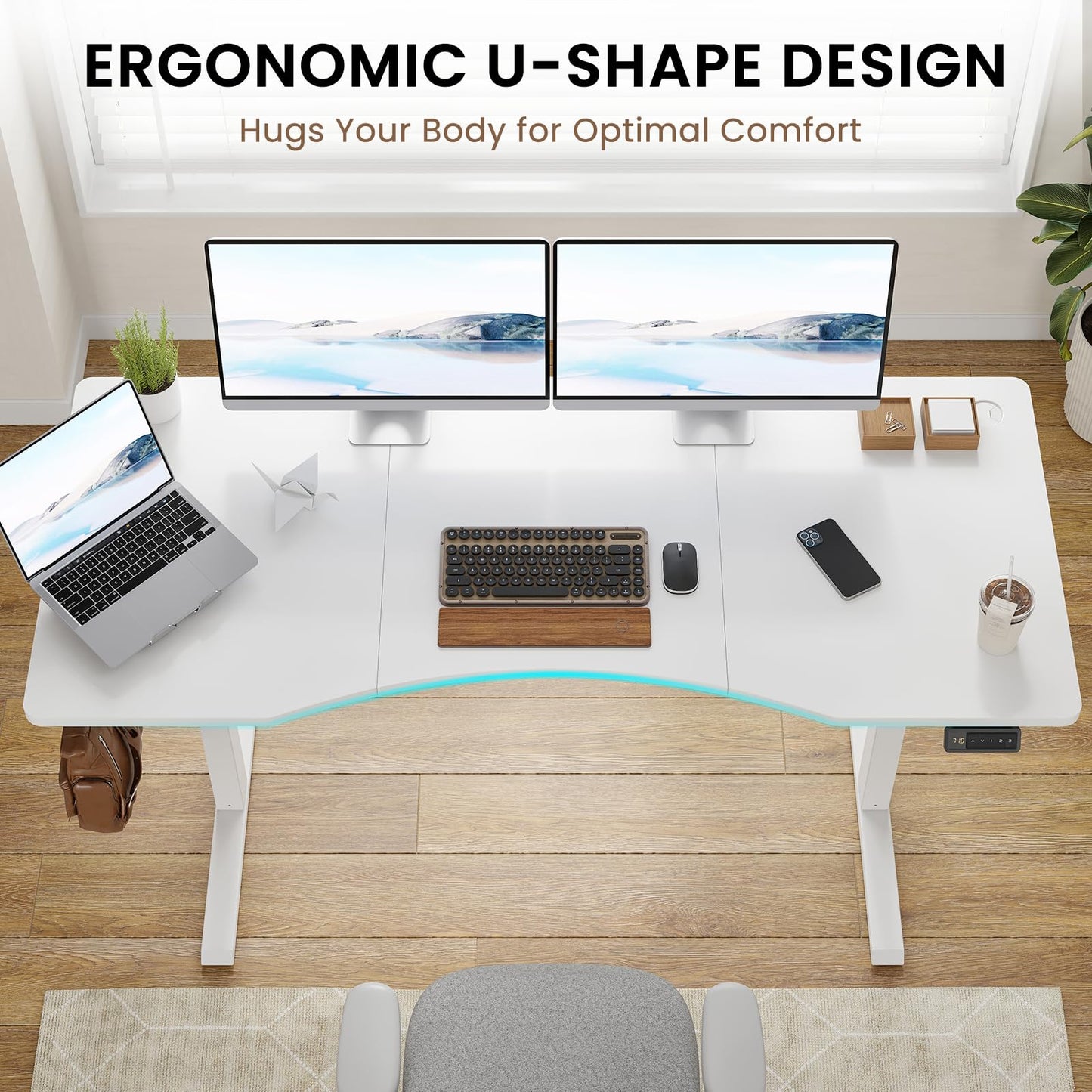 Farini U-Shaped Ergonomic Electric Standing Desk, 140x60cm, Height Adjustable Sit to Stand Desk with Memory Keypad & Headphone Hook for Home and