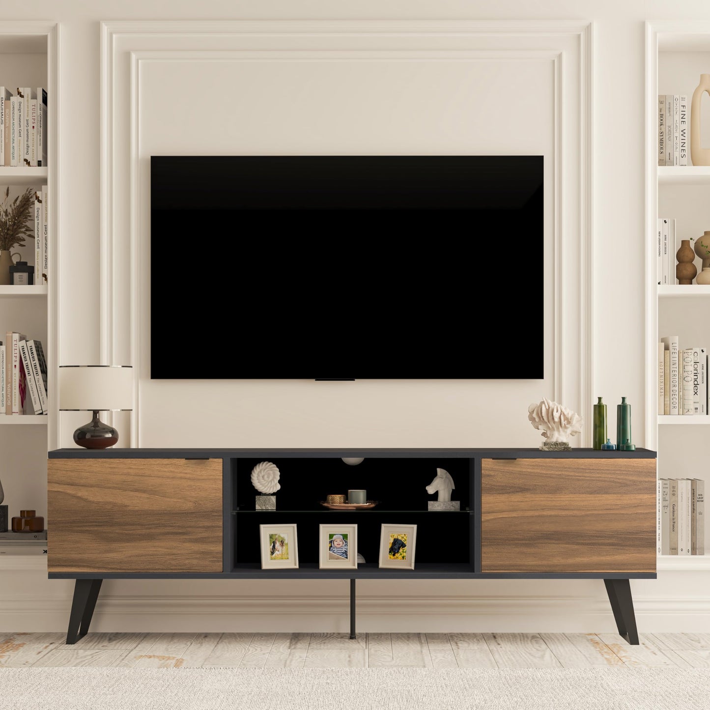 Uniqtrio TV Stand Cabinet | Walnut TV Unit with Glass Shelf | TV Cabinet | TV Stand Unit | TV Units for Living Room | TV Table |Soft Closing Hinges