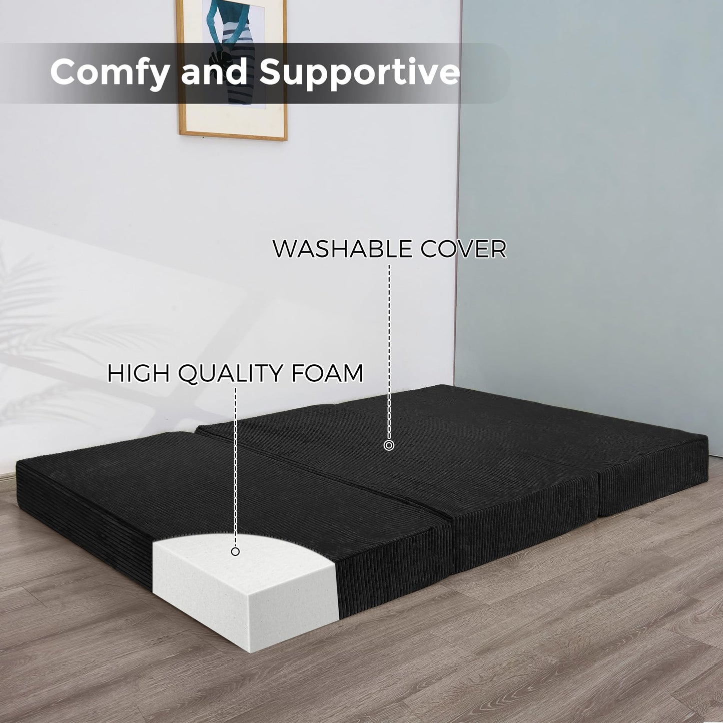 MAXYOYO Folding Corduroy Mattress, Tri Fold Floor Mattress 15cm thick with Washable Cover,Foldable in Three,Space-Saving for Guest (Black, Single)