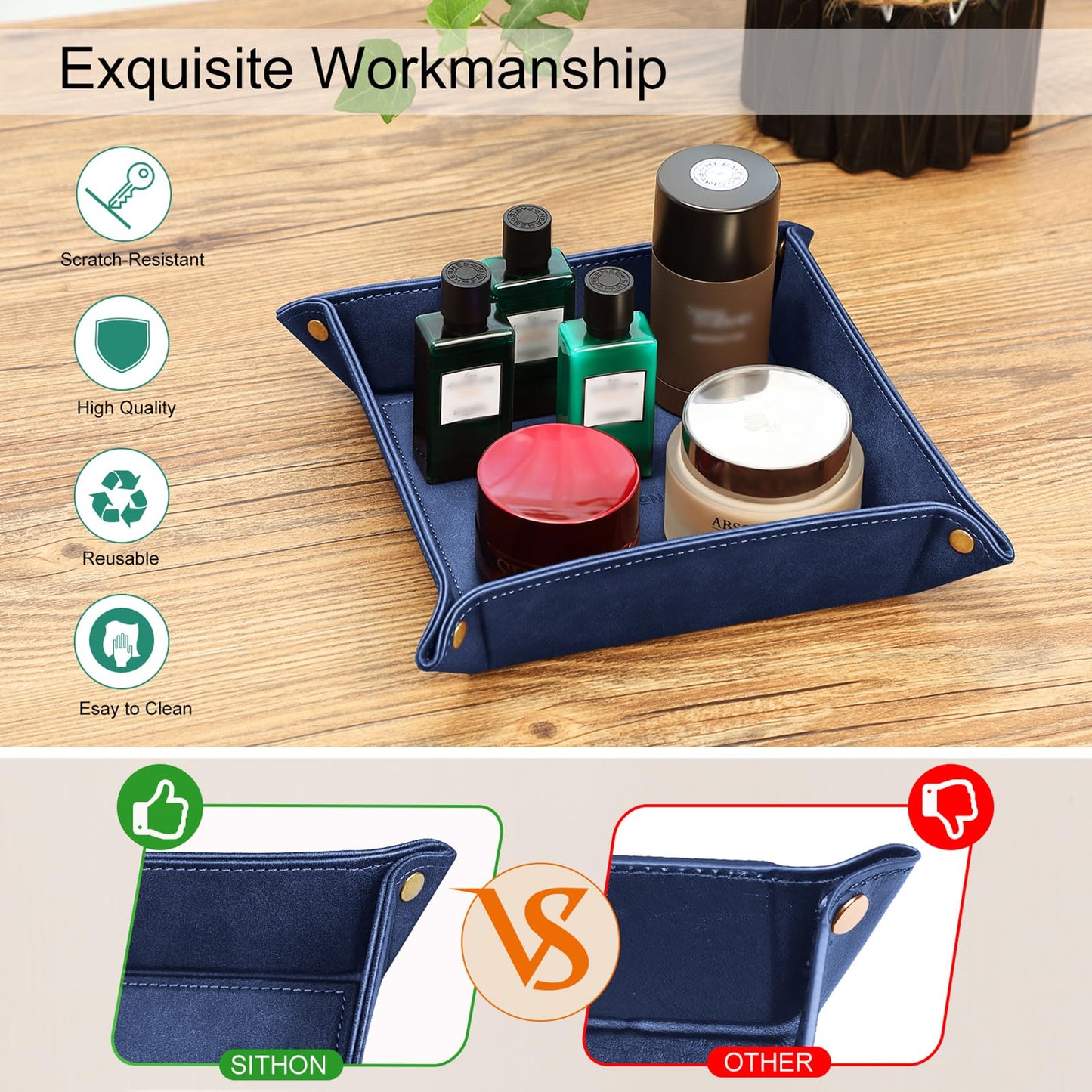 SITHON Valet Tray Premium PU Leather Desktop Storage Organizer