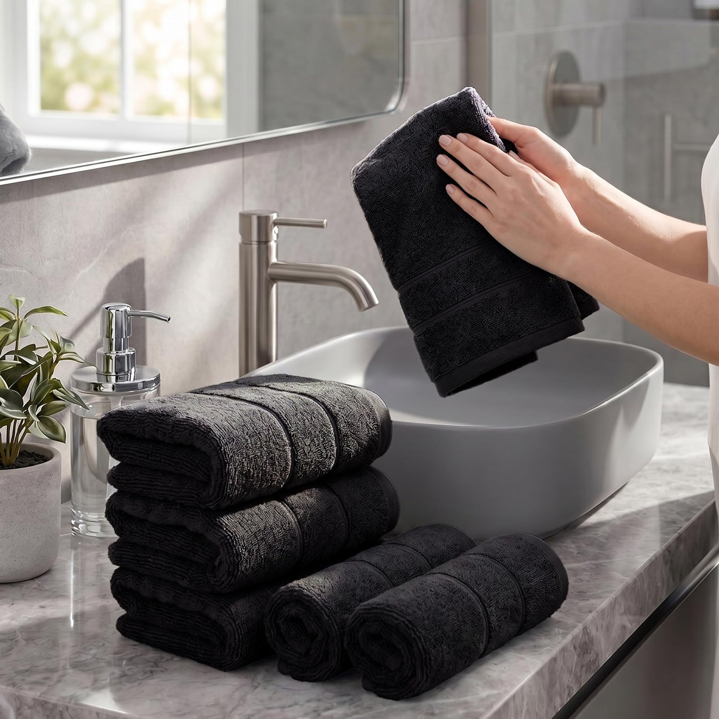 Hand Towels Set of 6 Quick Dry |100% Cotton I Zero Twist | OEKO-TEX | Black