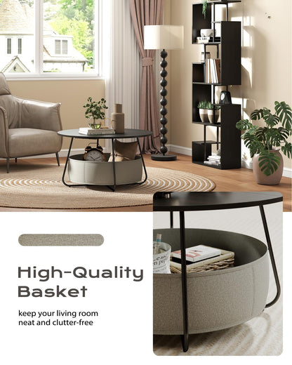 Manora Round Coffee Table Black Walnut with Storage Fabric Basket