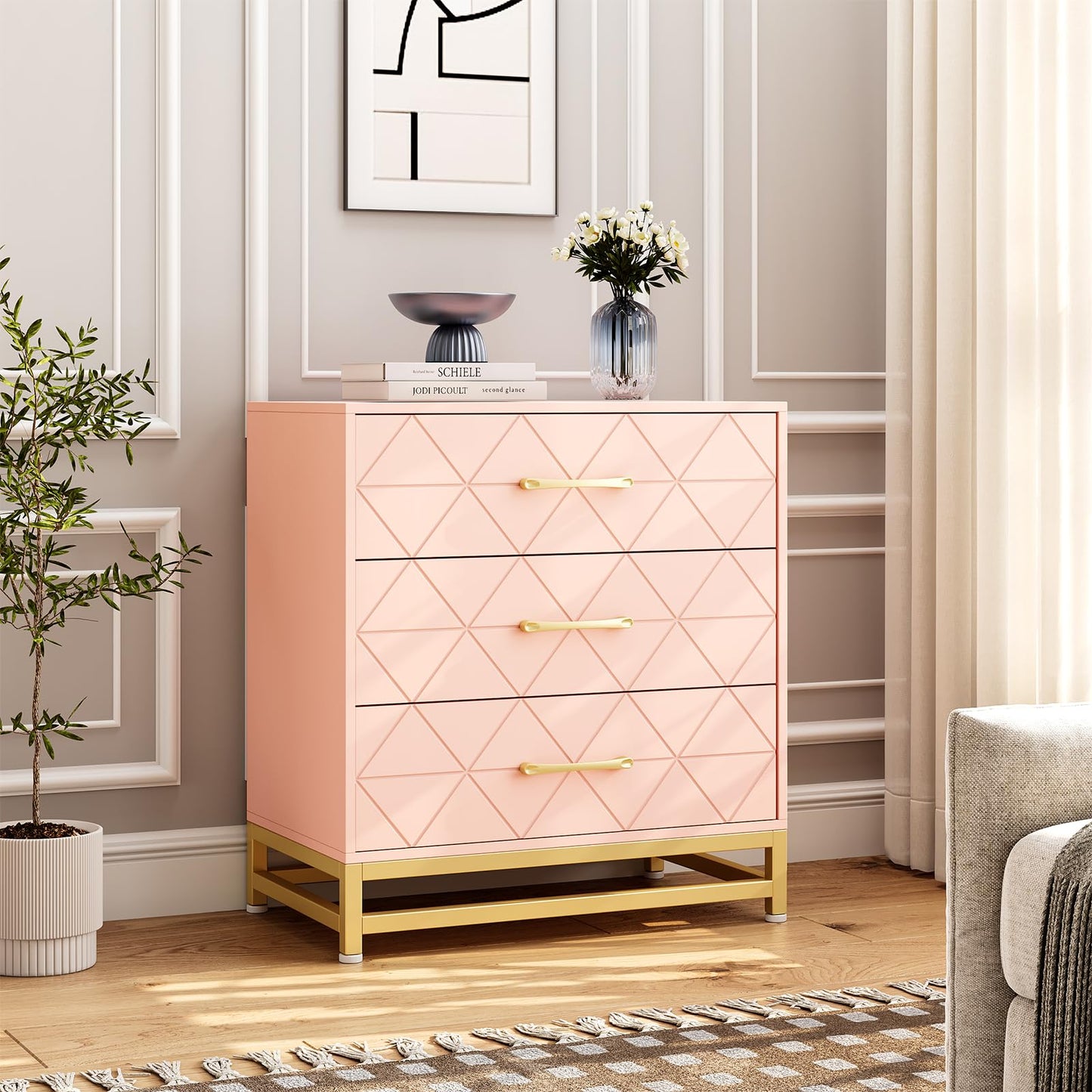 Dresser for Bedroom, Wide Chest of Drawers with 3 Drawers, Spacious Clothes Storage Cabinet Beside Table with Metal Handles & Sturdy Feet