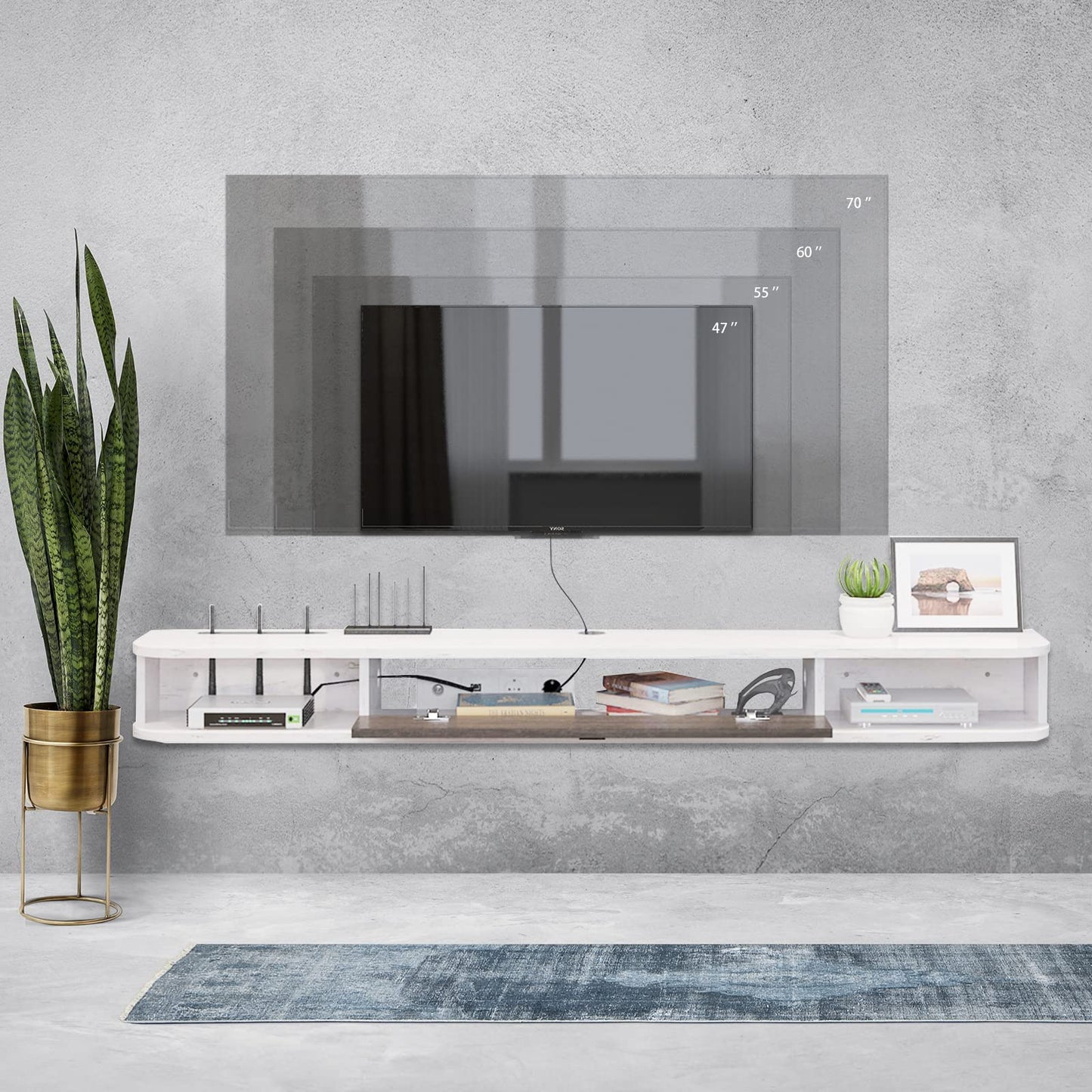 Pmnianhua Floating TV Unit, Wall Mounted TV Cabinet, Floating Shelves with Door, Modern Entertainment Media Console Center Large Storage TV Bench for