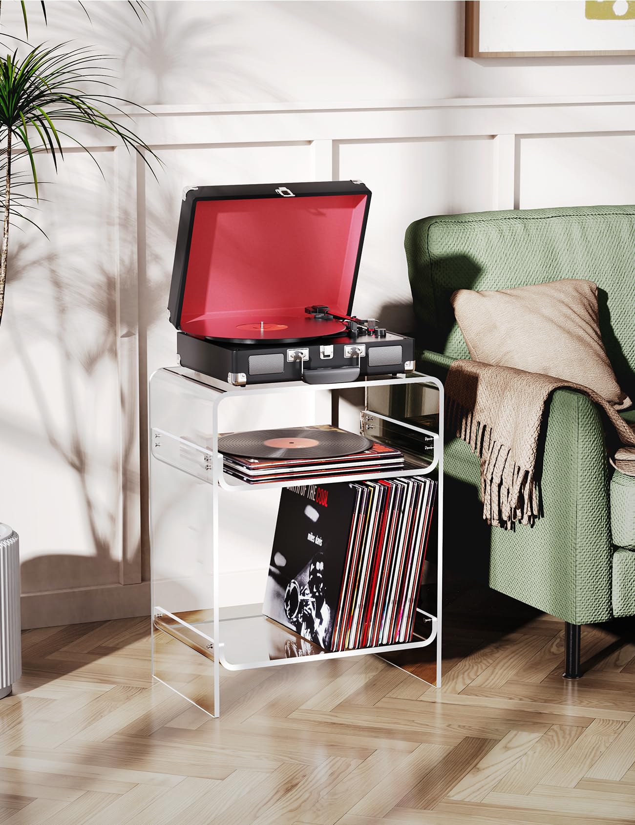 Dewrhiixe Acrylic Record Player Table with Storage Shelf, Clear Side Table, Nightstand (Clear, 45×30×58 cm, Acrylic)