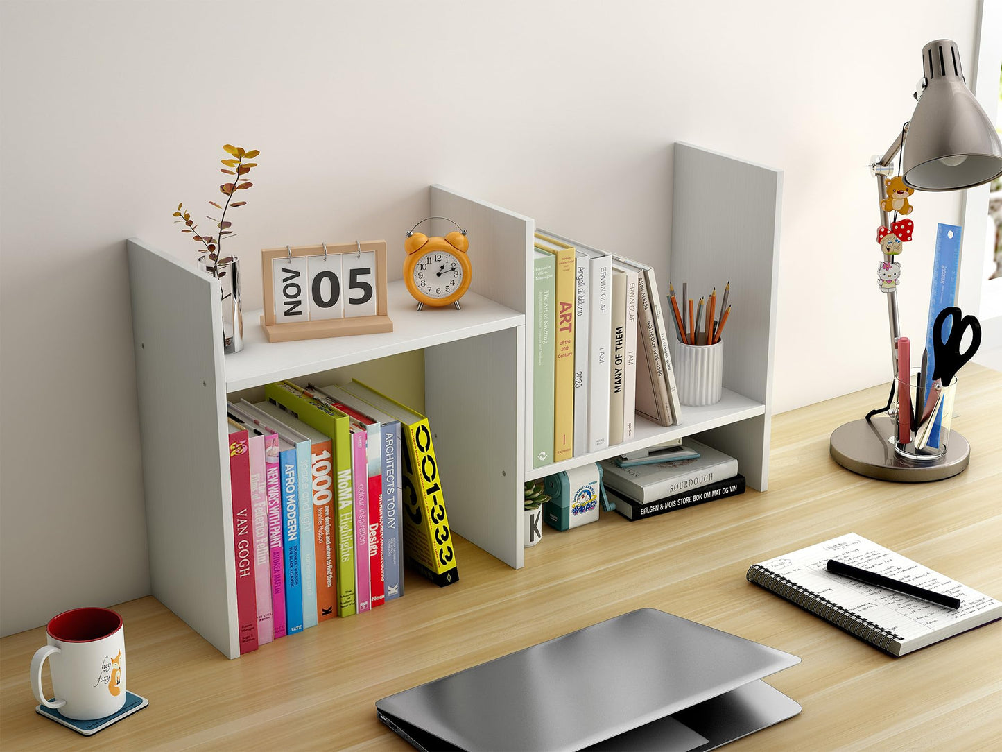 EasyPAG Wood Desktop Bookshelf Adjustable Desk Shelves Freestanding Home and Office Supplies Storage Display Shelf Desk Tidy Organiser,White