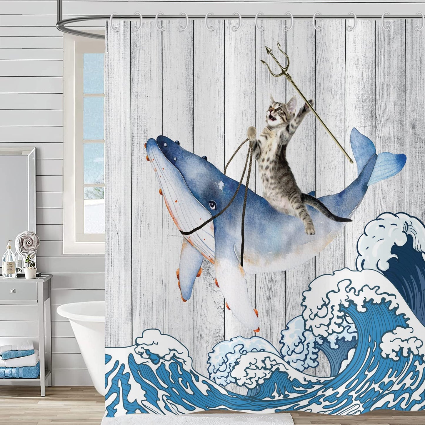 Hnmdmyi Funny Cat Shower Curtain 180x180, Cool Cat Riding Whale with Japan Kanagawa Waves on Rustic Wooden Bathroom Curtains Cute Kids Farmhouse