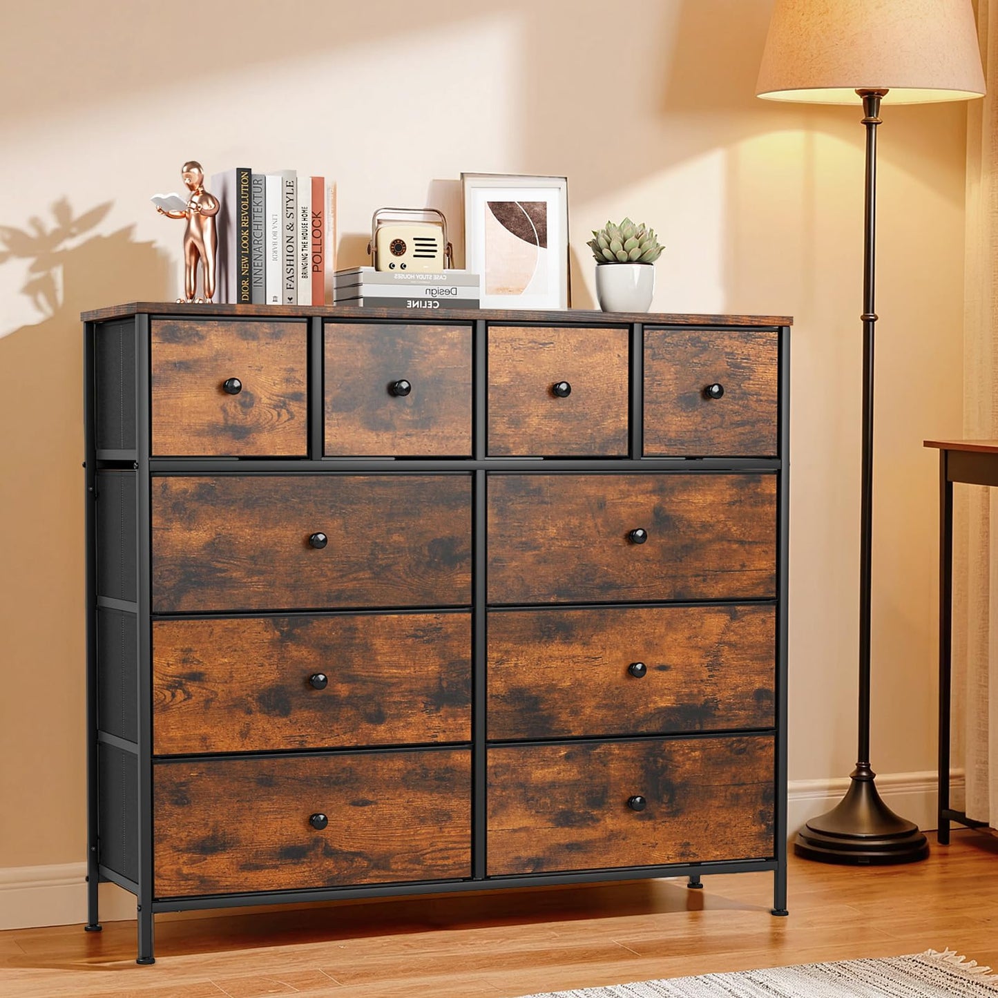 Clevich Chest of Drawers with 10 Fabric Drawers, Wooden top Sideboard, Metal Frame, Anti-Tip Design Storage Cabinet for Bedroom