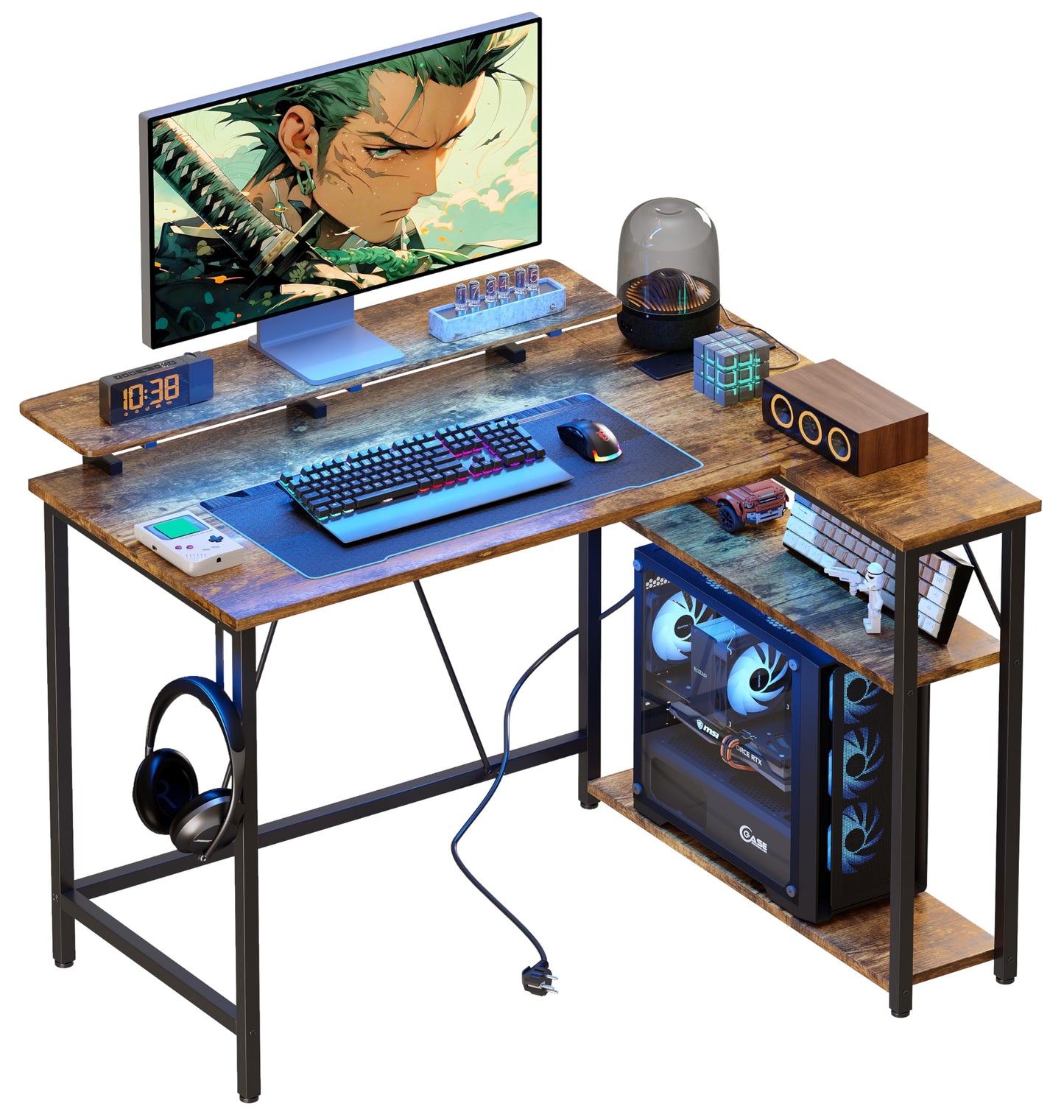 Xyphren L Shaped Gaming Desk with RGB LED Lights & Power Outlets, Small Computer Desk with Adjustable Shelves