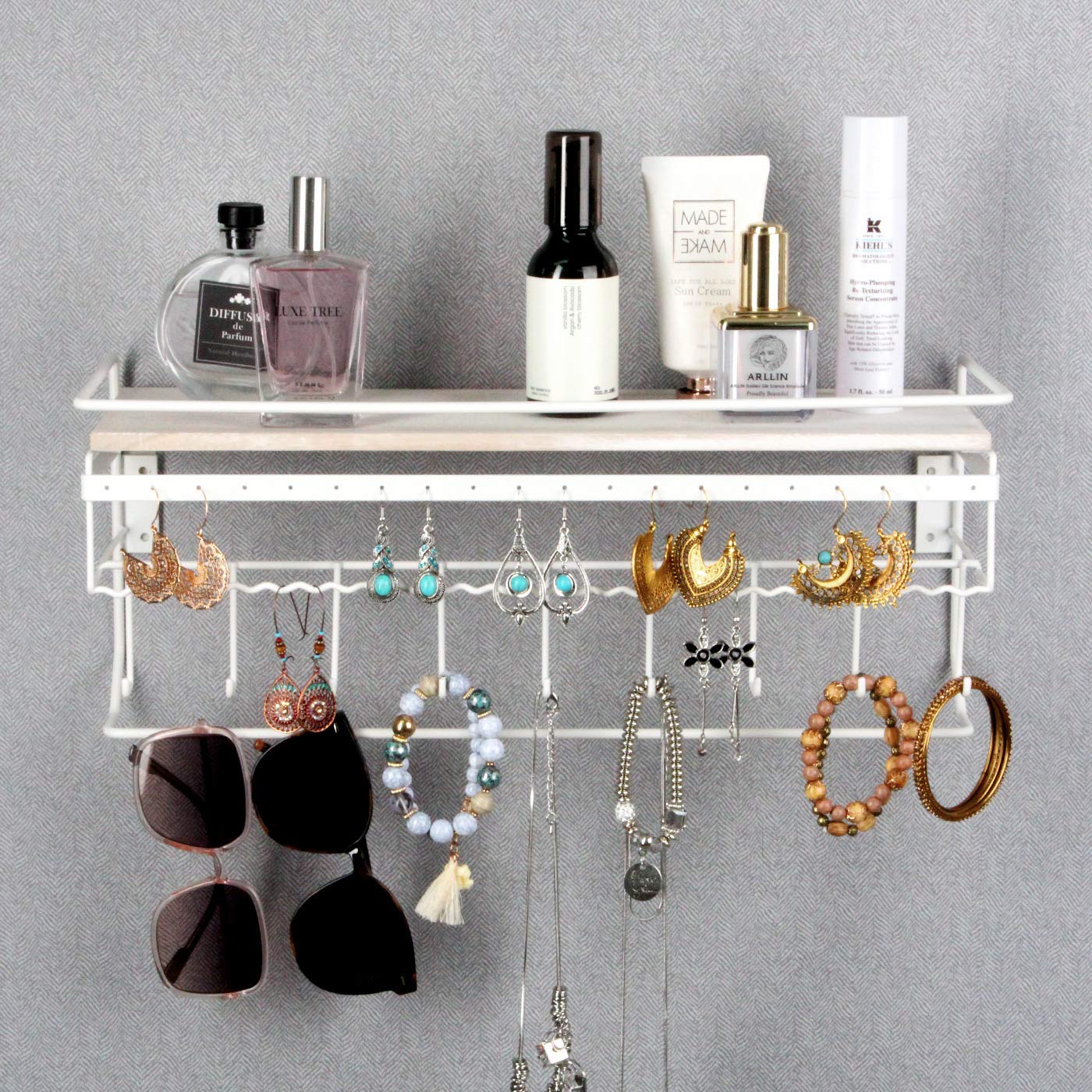 J JACKCUBE DESIGN JackCubeDesign Hanging Jewelry Organizer with 9 Hooks, Wall Mount Necklace Earring Bracelet Sunglass Holder with Wood Shelf