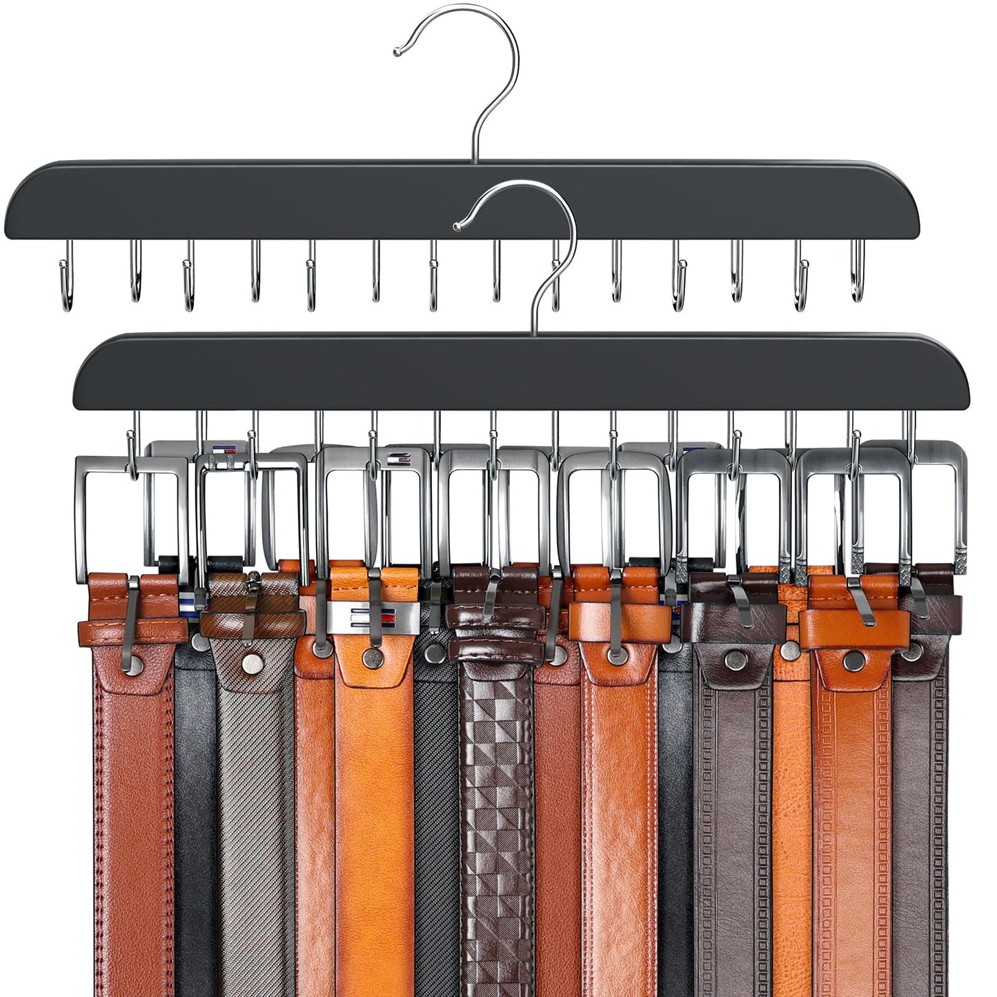 Resovo Belt Hanger for Closet Max 42 Belts, Belt Organizer Closet Accessories with 14 Hooks Belt Rack Sturdy Wood for Closet Organizers and Storage