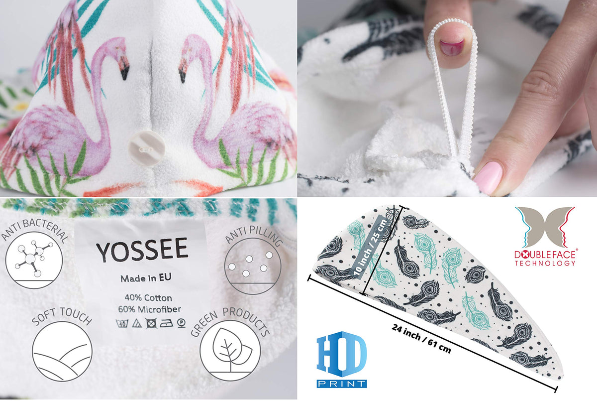 YOSSEE Hair Turban Towel Microfibre/Cotton, HD Printed Hair Towel Wrap, Absorbent and Lightweight for Women and Kids, Size: 25x61 cm, Made in EU