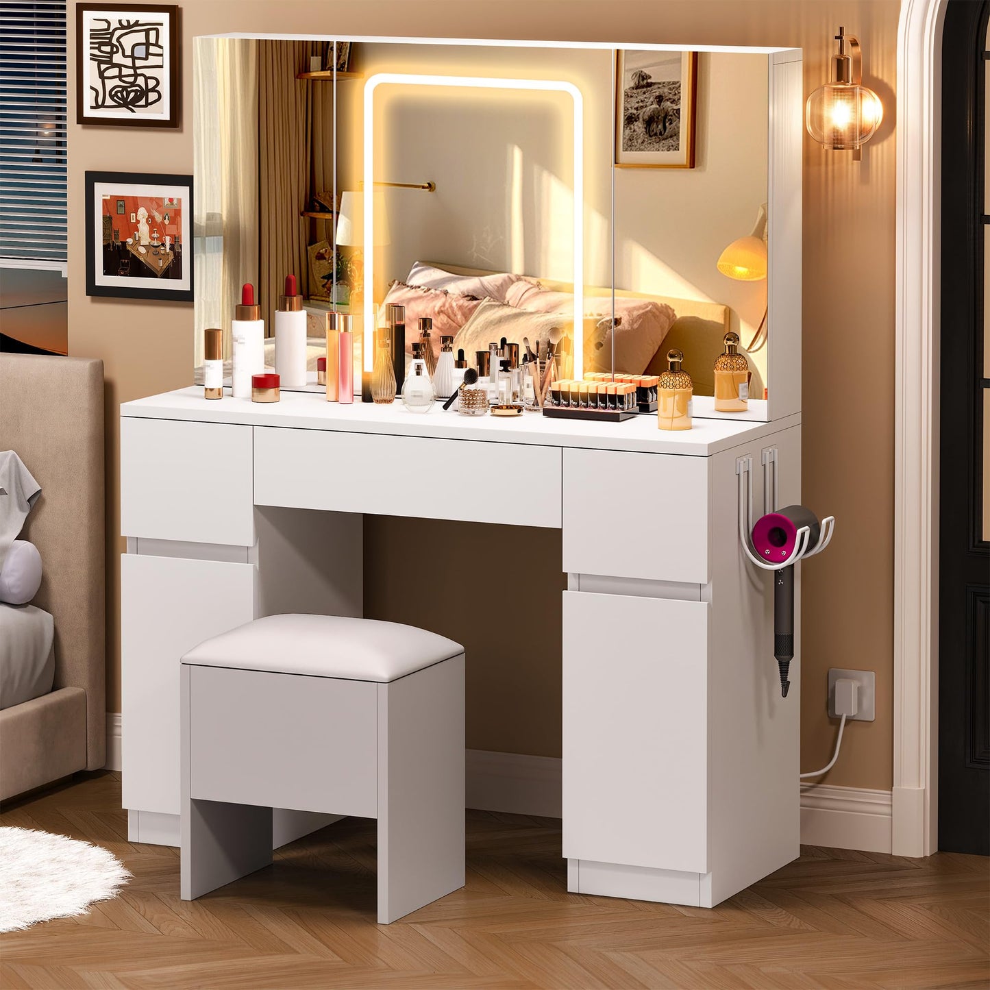 YITAHOME Dressing Table with Mirror and Stool, Vanity Desk with Mirror and Drawers White Dressing Table with LED Lights Jewelry Storage