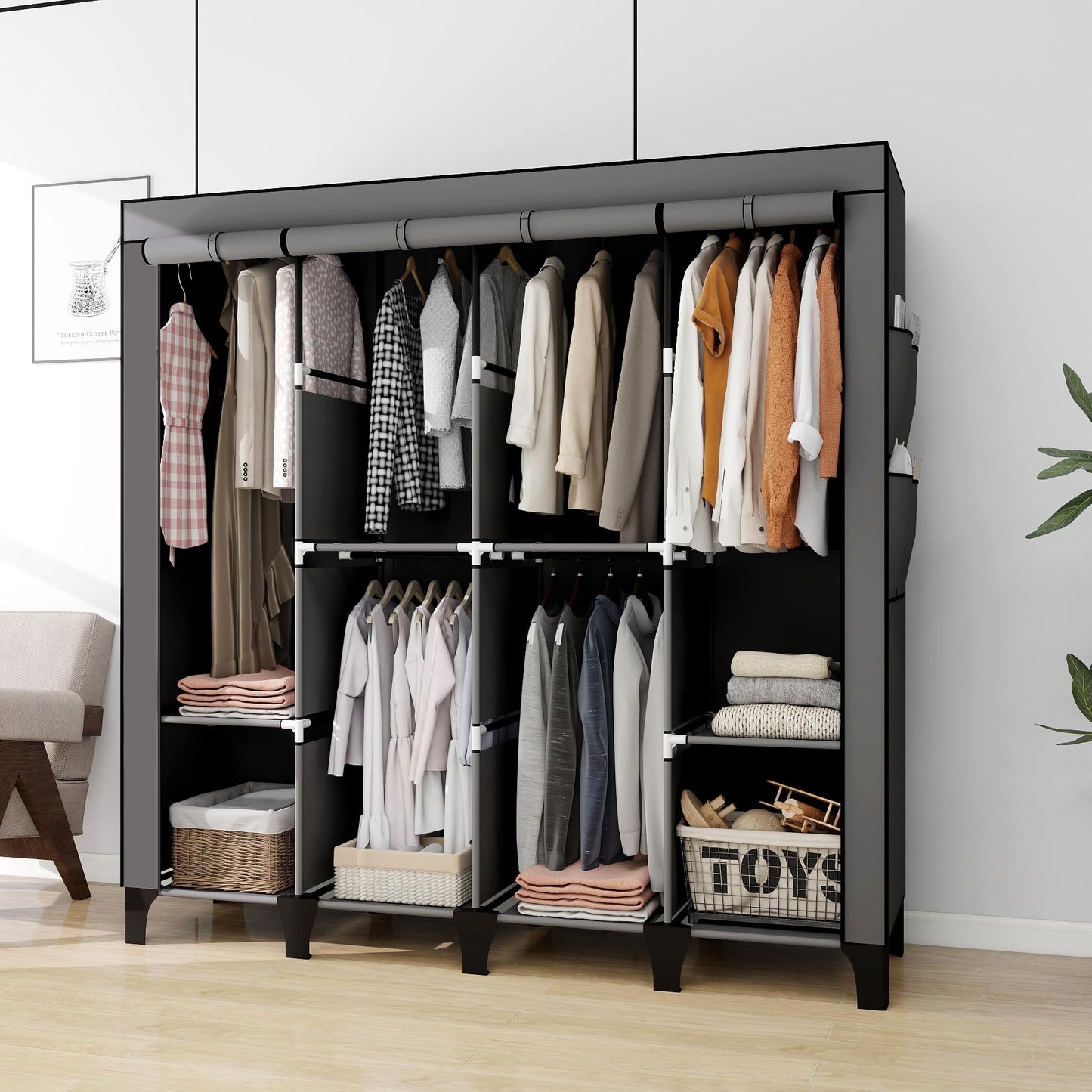 OPPAIYA Extra Large Canvas Wardrobe with 6 Hanging Rails, Portable Fabric Bedroom Wardrobes with 8 Shelves & 8 Side Pockets